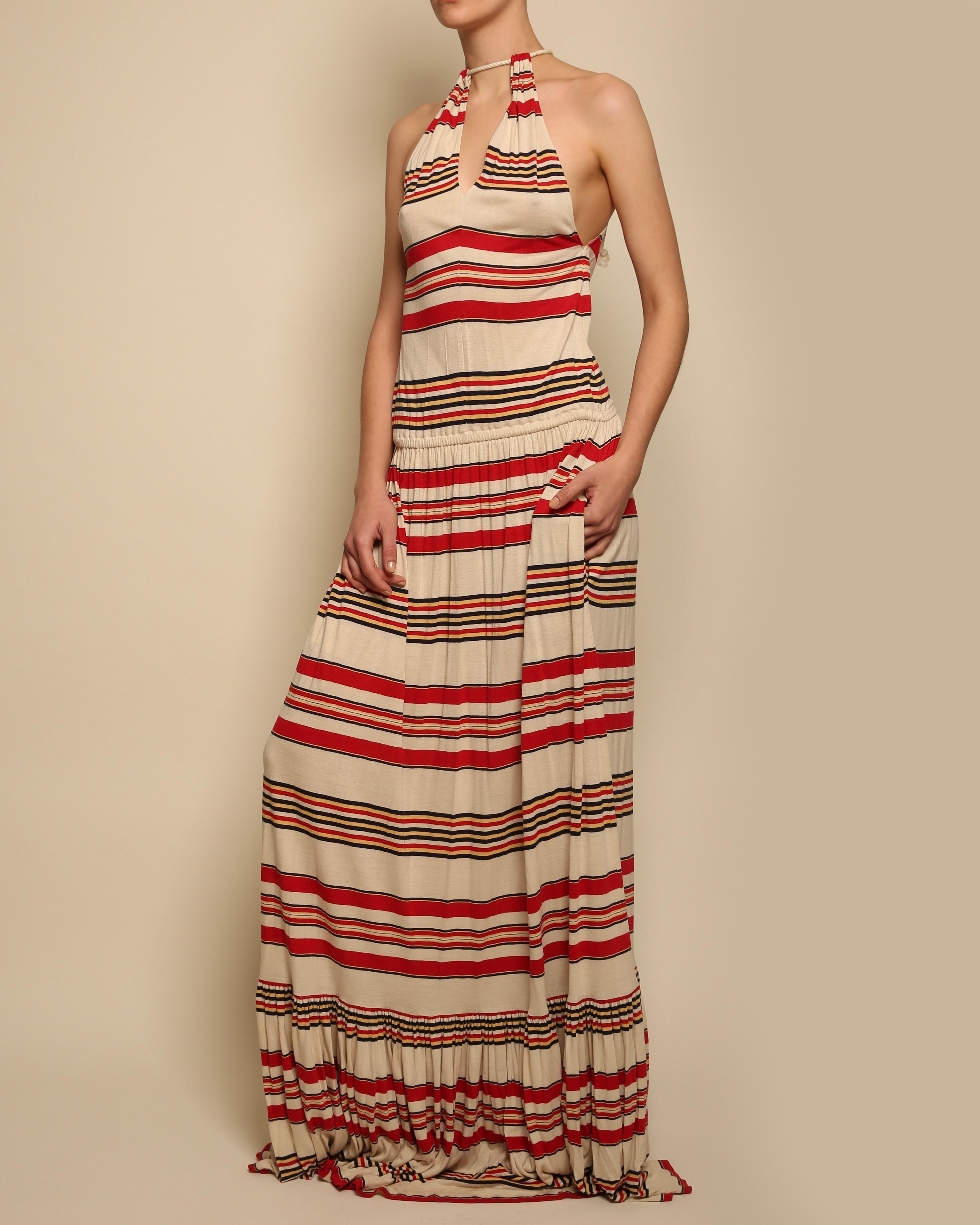 Ralph Lauren halter neck red black beige stripe striped maxi jersey gown dress In Excellent Condition In Paris, FR