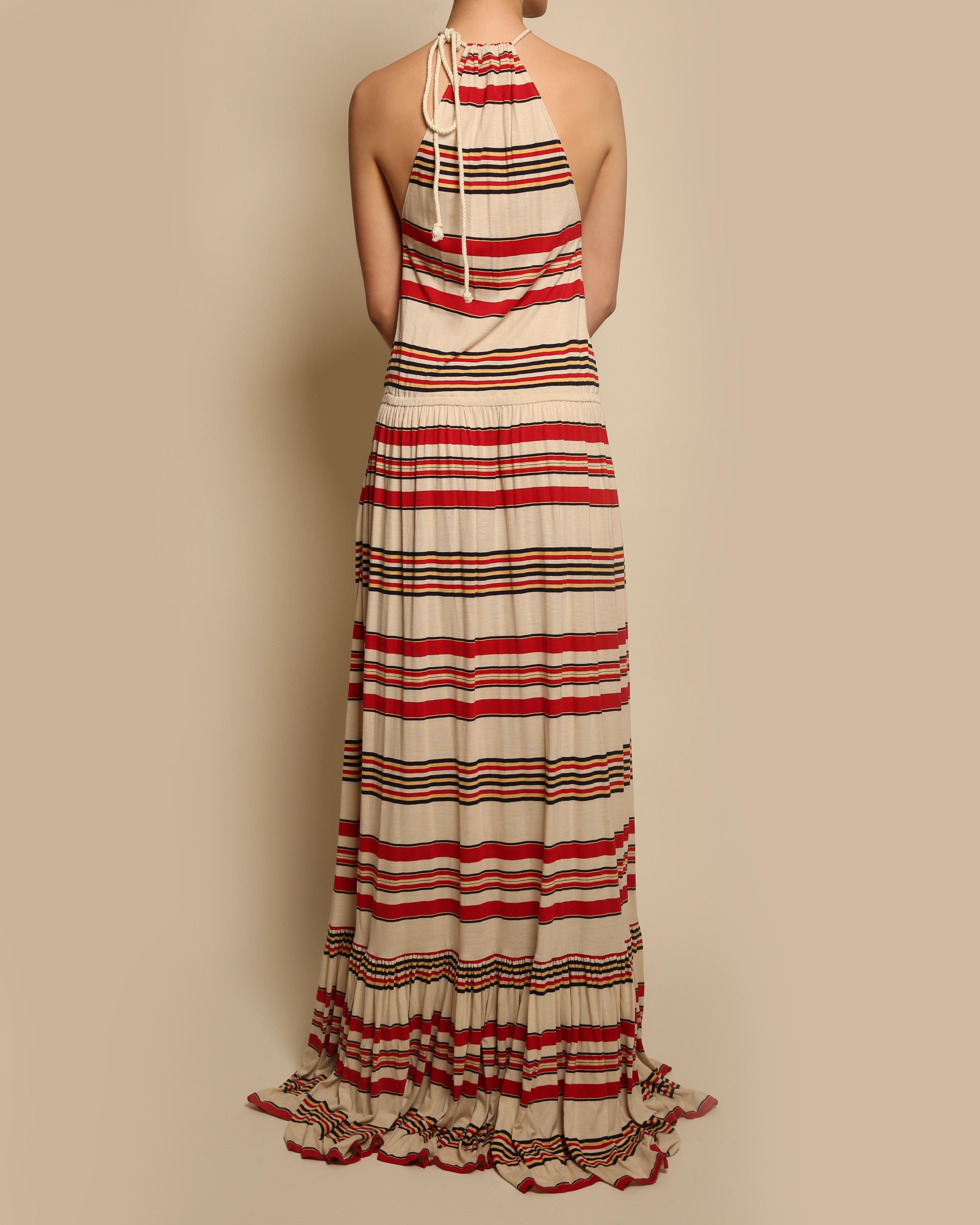 Women's Ralph Lauren halter neck red black beige stripe striped maxi jersey gown dress For Sale