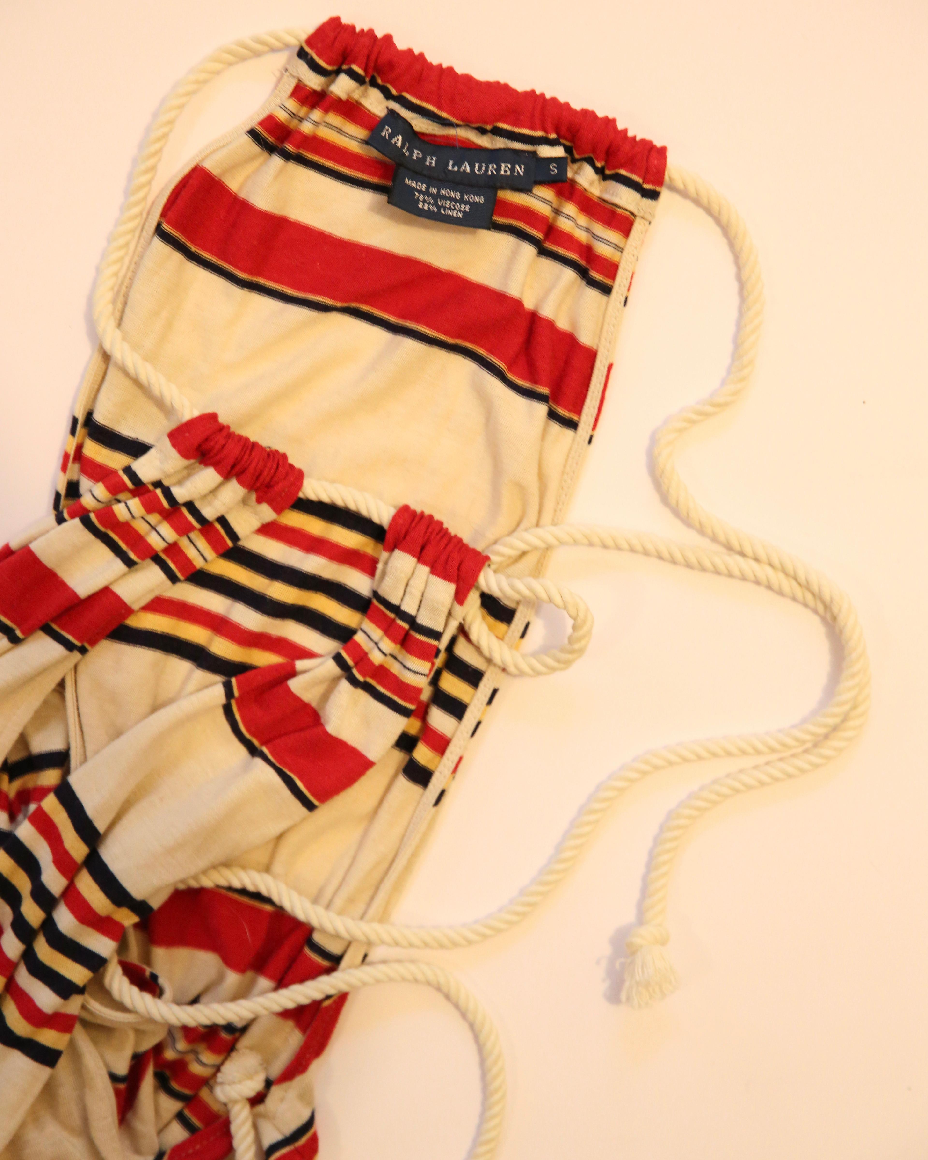 Ralph Lauren halter neck red black beige stripe striped maxi jersey gown dress For Sale 1
