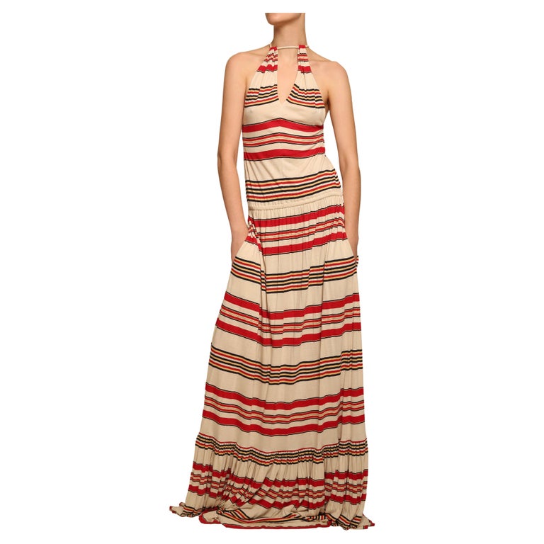 Ralph Lauren halter neck red black beige stripe striped maxi jersey gown  dress For Sale at 1stDibs