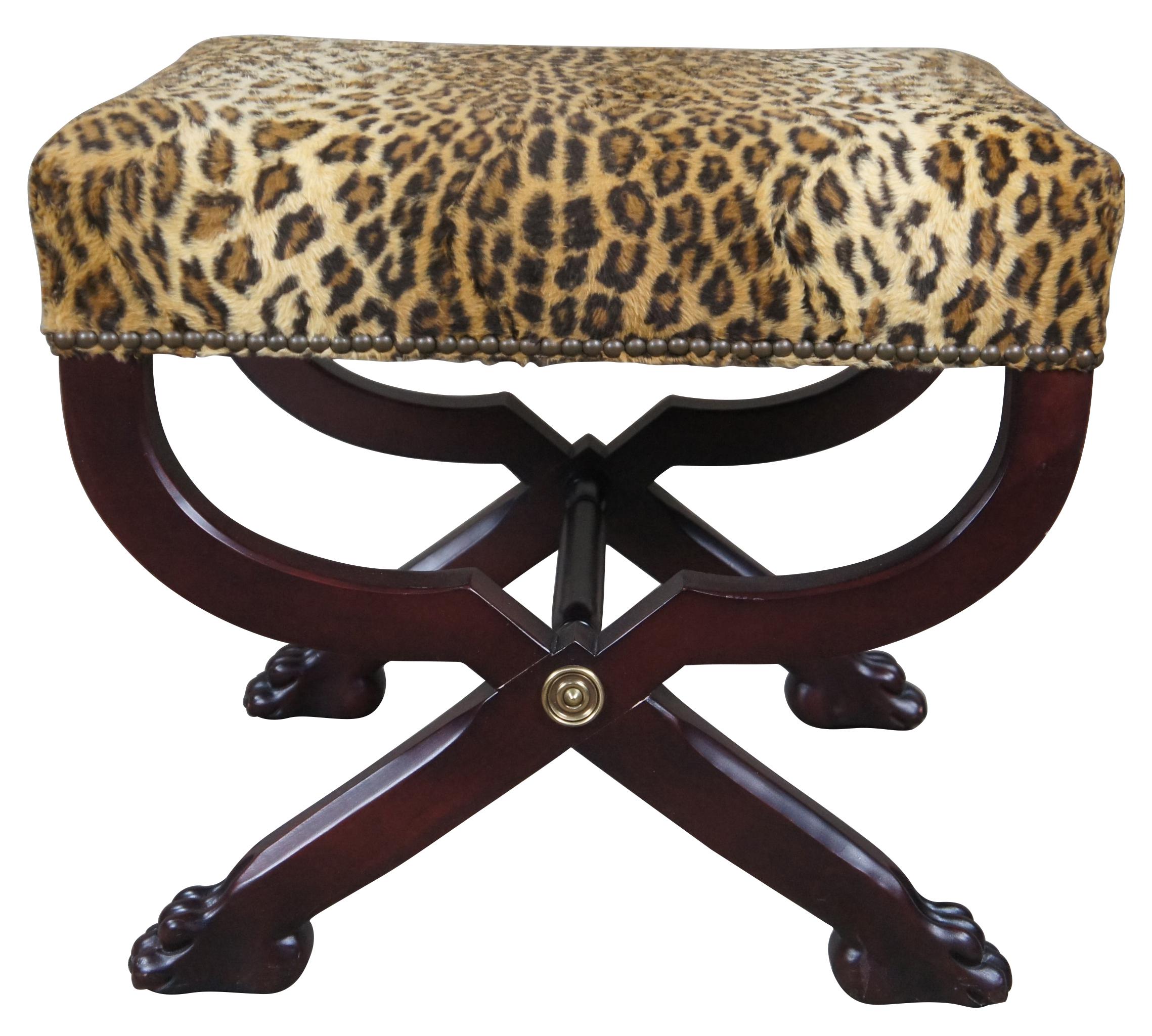 Ralph Lauren Henredon Mahogany Empire Style McDowell Stool Leopard Ottoman Bench In Good Condition In Dayton, OH
