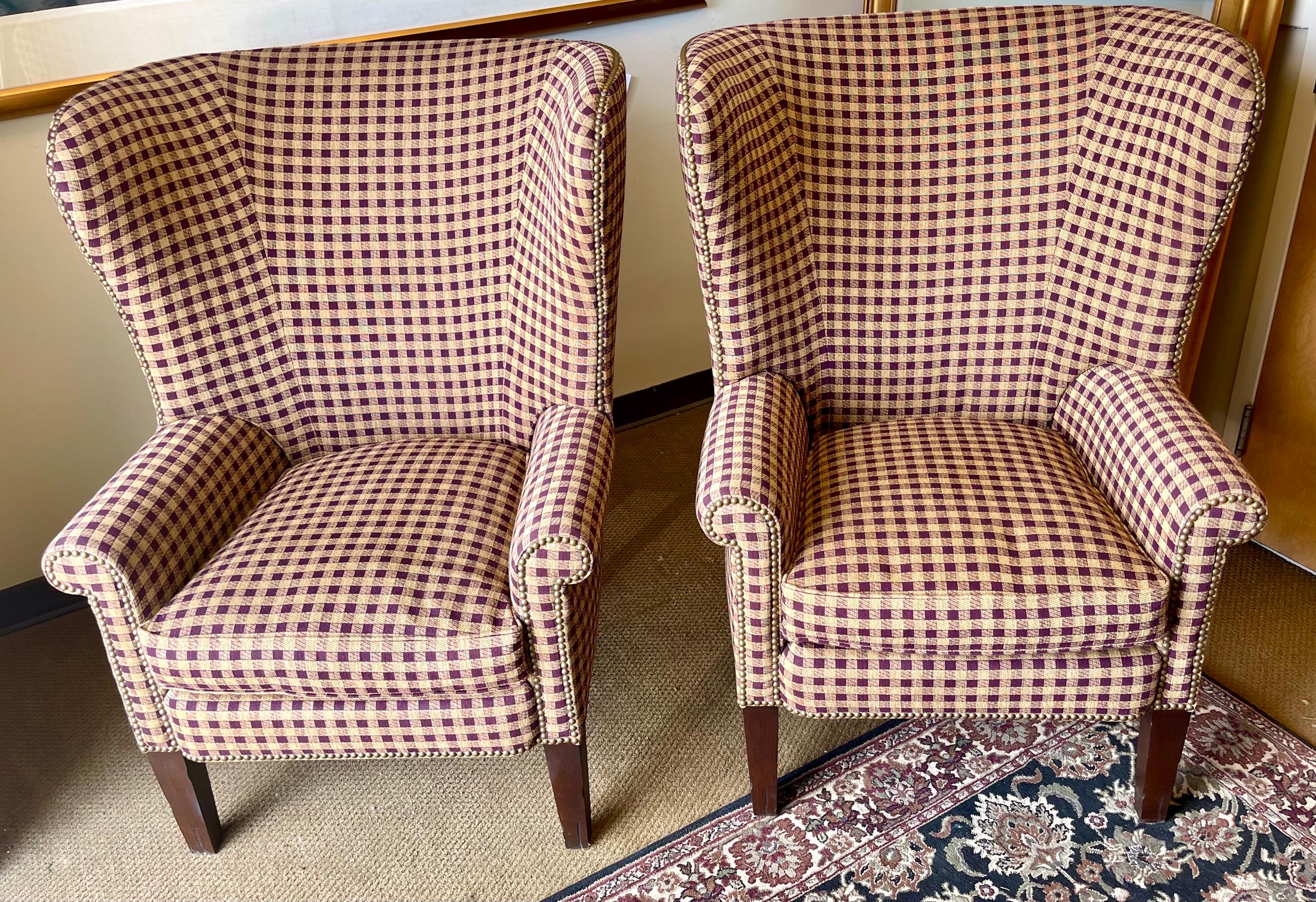 Stunning pair of matching monumental Ralph Lauren for Henredon wingback nailhead chairs. These are grand reading chairs. Gorgeous two tone color scheme - see pics for details. Why not own the best?.