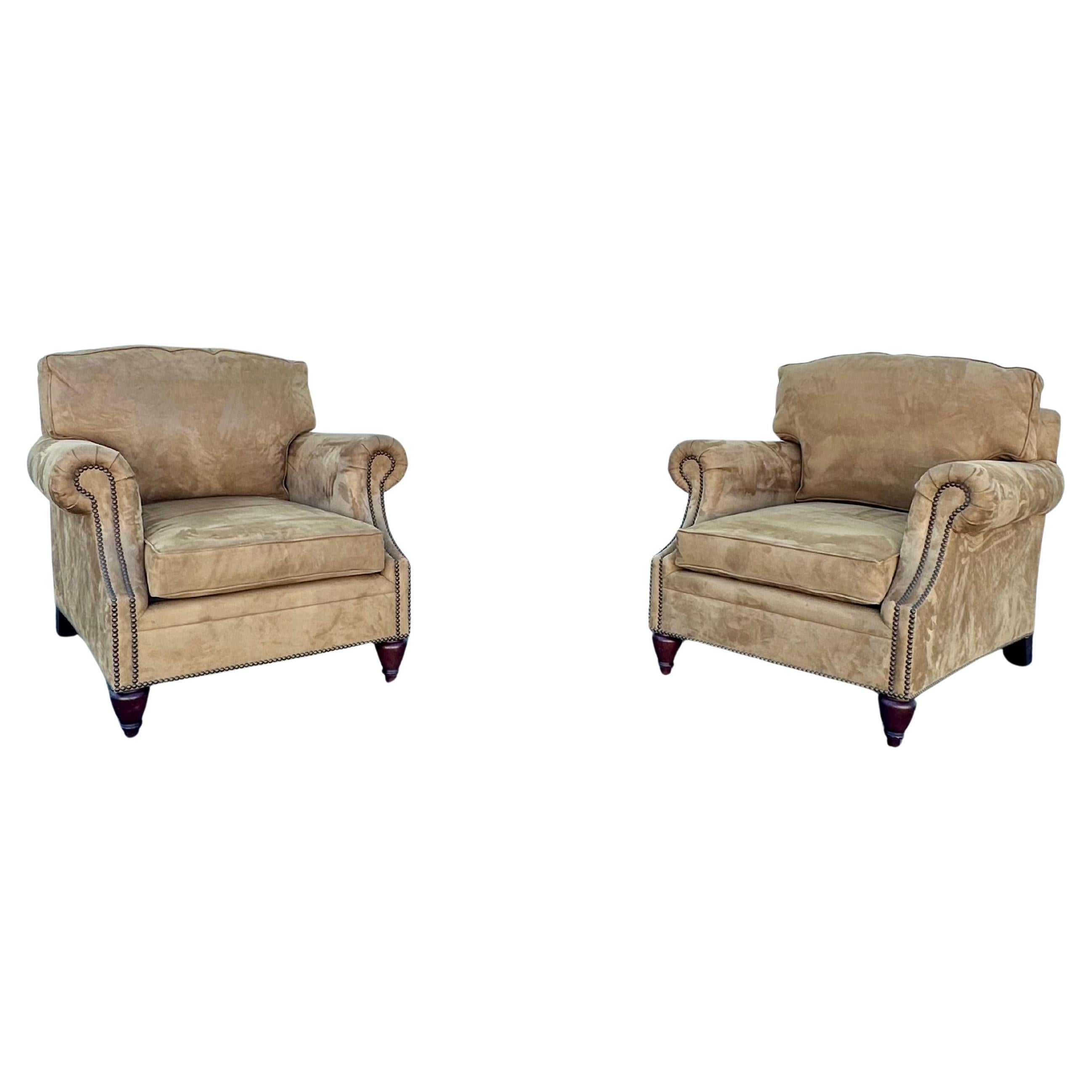 Ralph Lauren Henredon Nailhead Camel Tan Ultra Suede Chairs, Set of 2