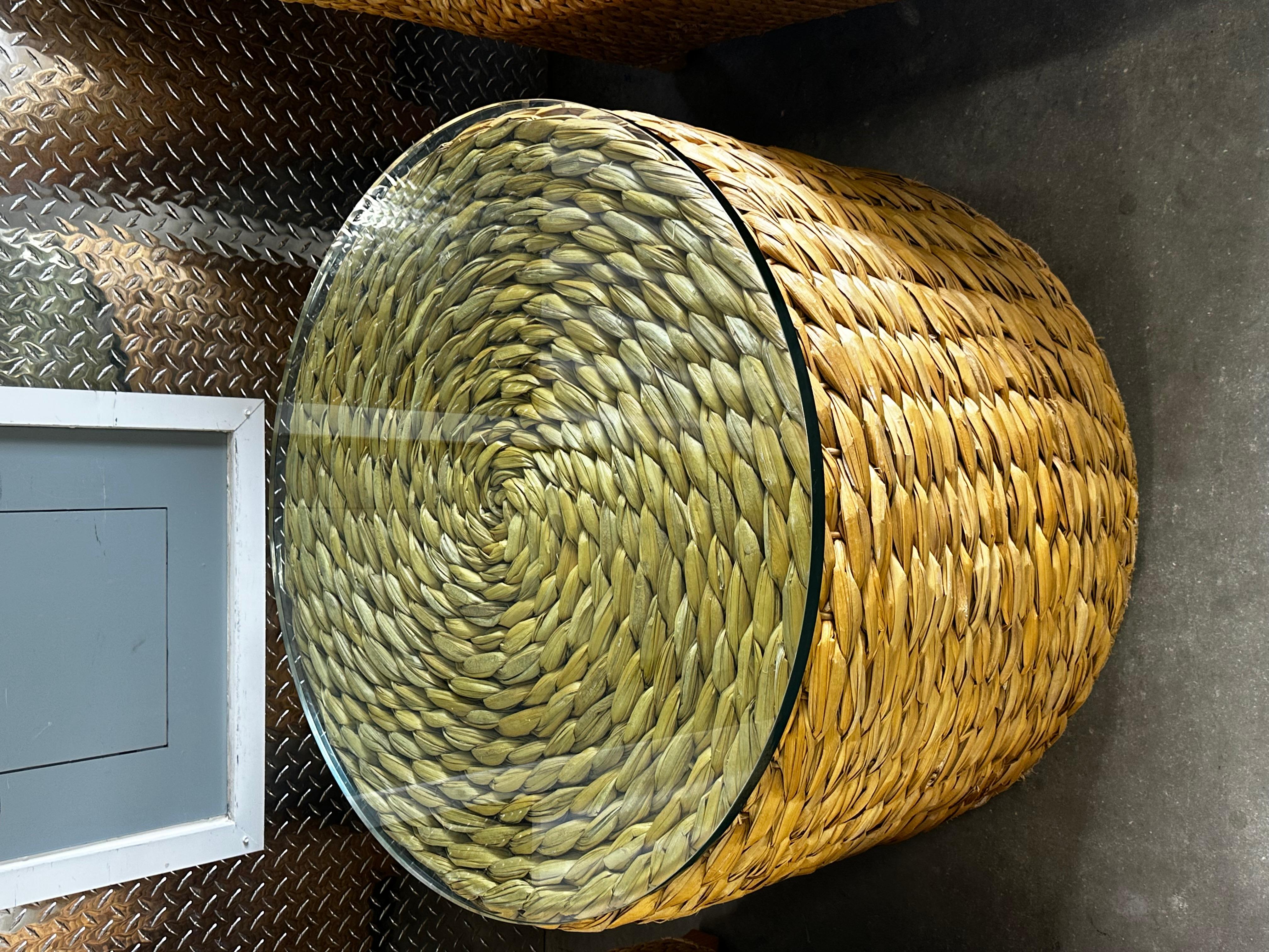 Contemporary Ralph Lauren Henredon Organic Seagrass Glass Round Center Cocktail Table For Sale