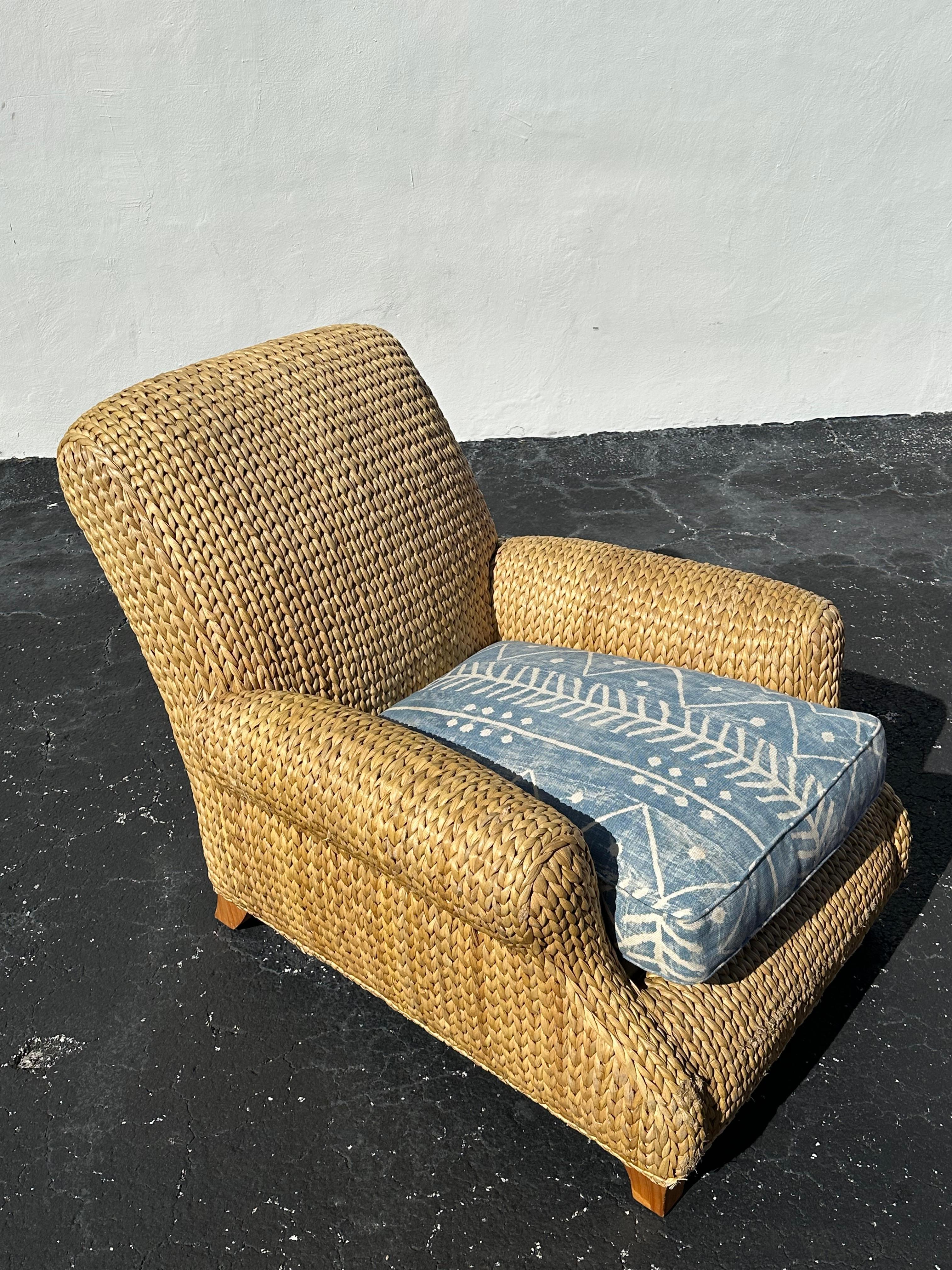 American Ralph Lauren Henredon Organic Seagrass Wood Denim Lounge Chair For Sale