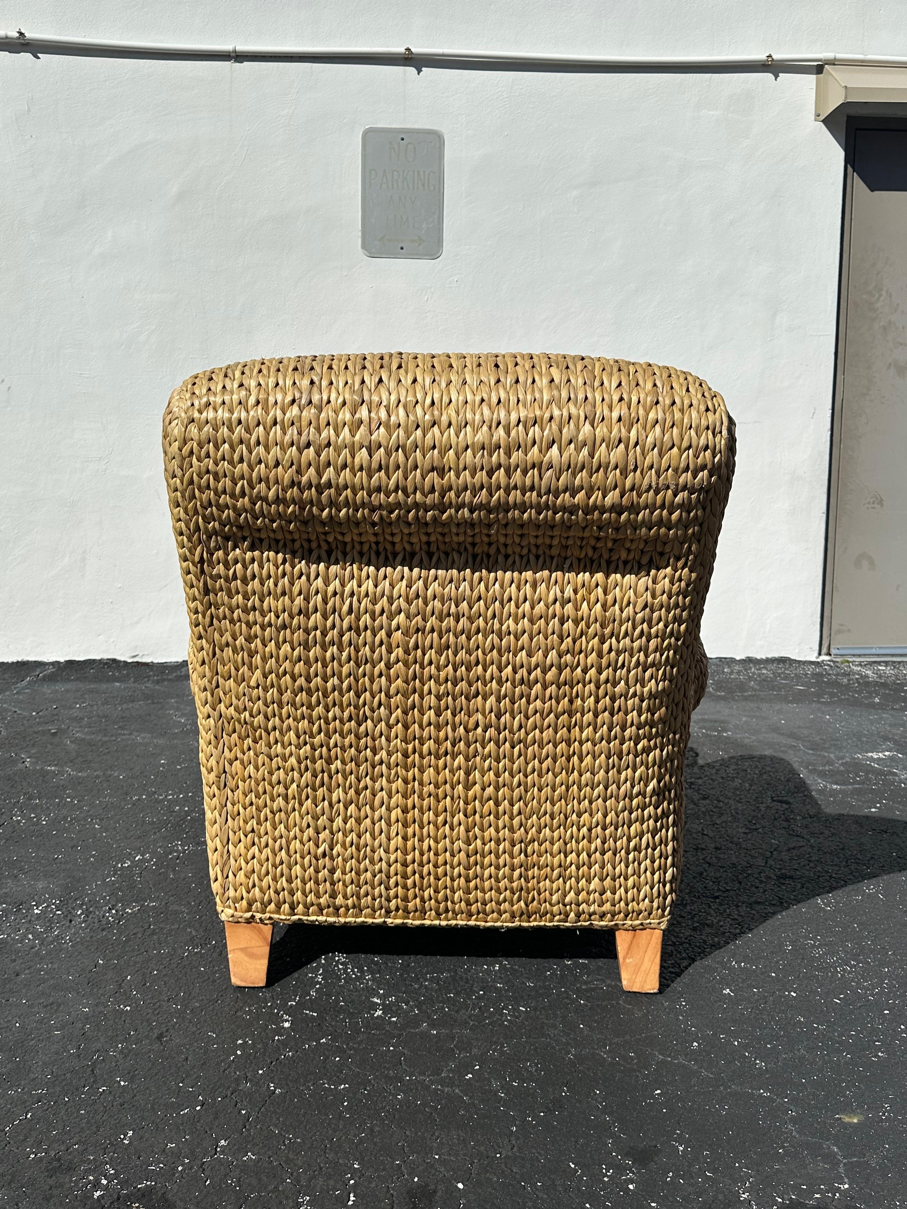 Upholstery Ralph Lauren Henredon Organic Seagrass Wood Denim Lounge Chair For Sale