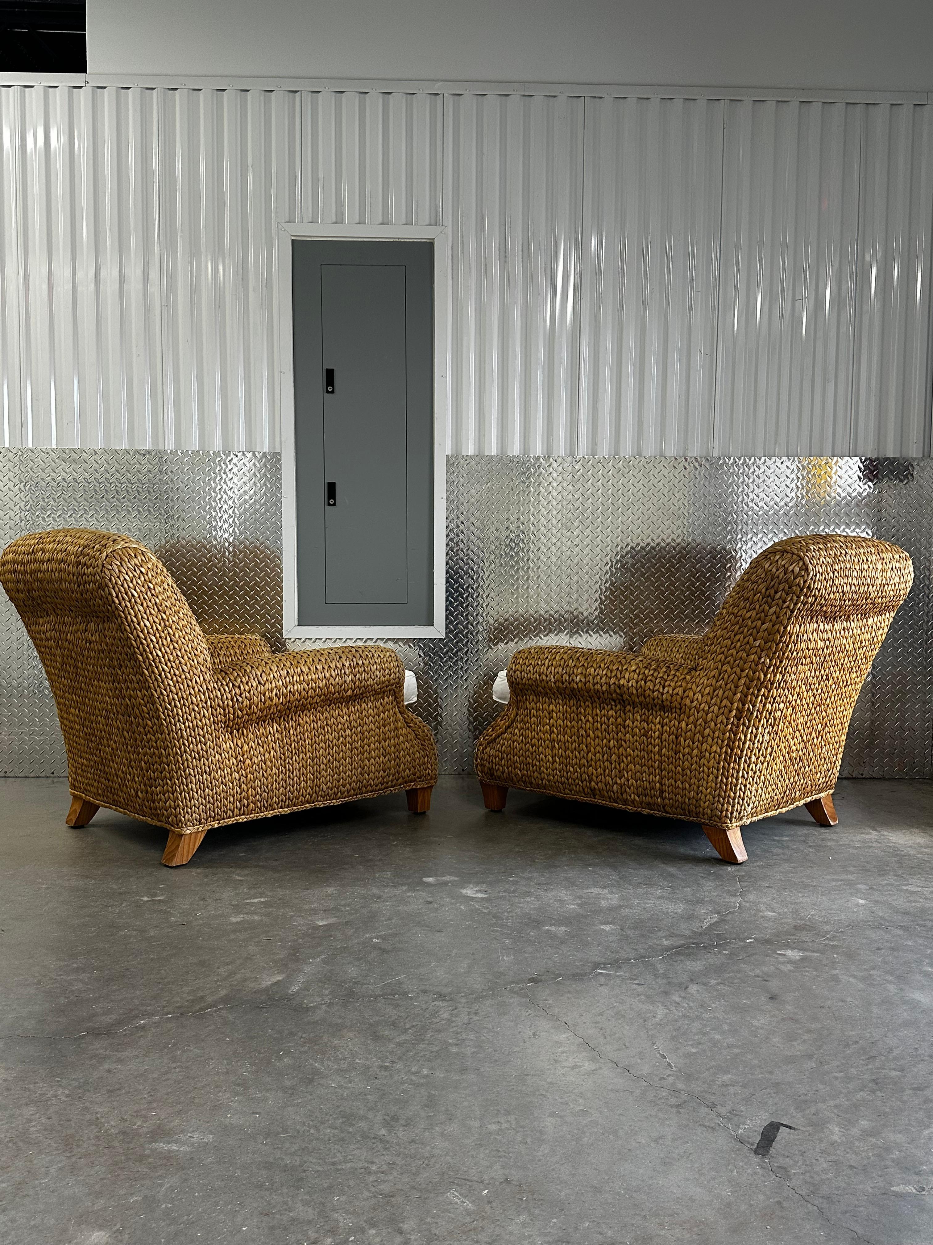 Bohemian Ralph Lauren Henredon Organic Seagrass Wood White Lounge Chairs, Set of 2 For Sale