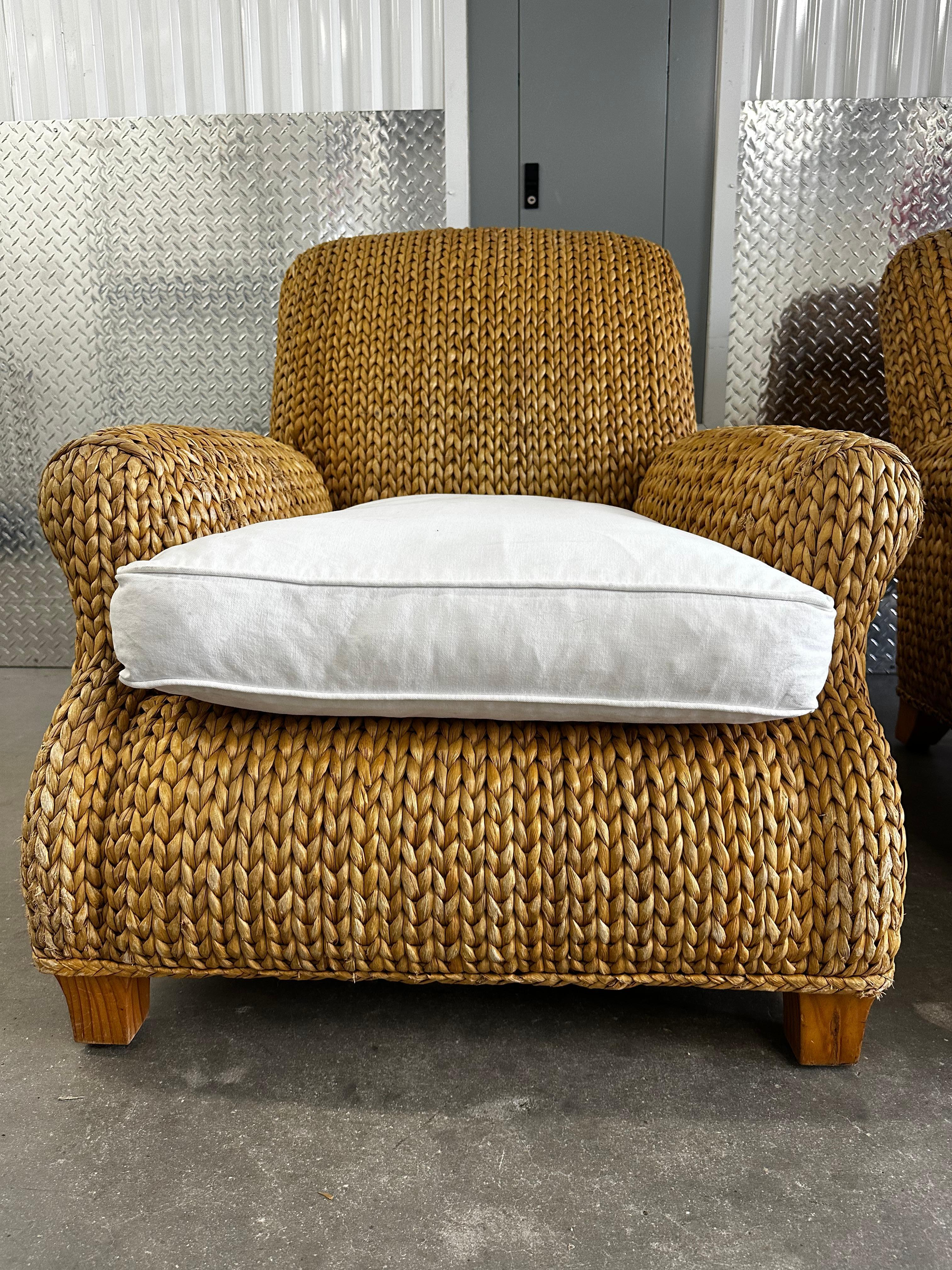 Contemporary Ralph Lauren Henredon Organic Seagrass Wood White Lounge Chairs, Set of 2 For Sale
