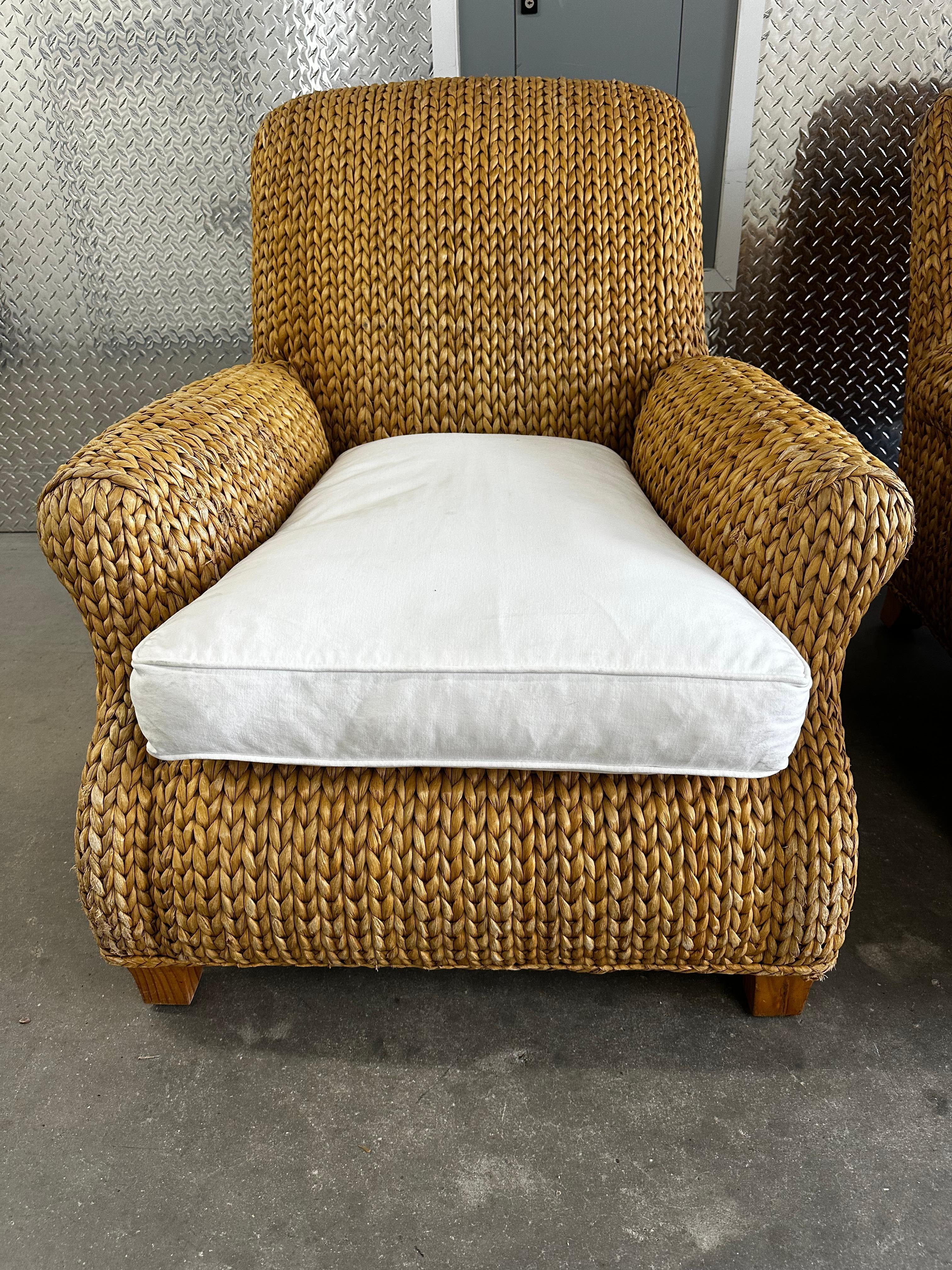 Upholstery Ralph Lauren Henredon Organic Seagrass Wood White Lounge Chairs, Set of 2 For Sale