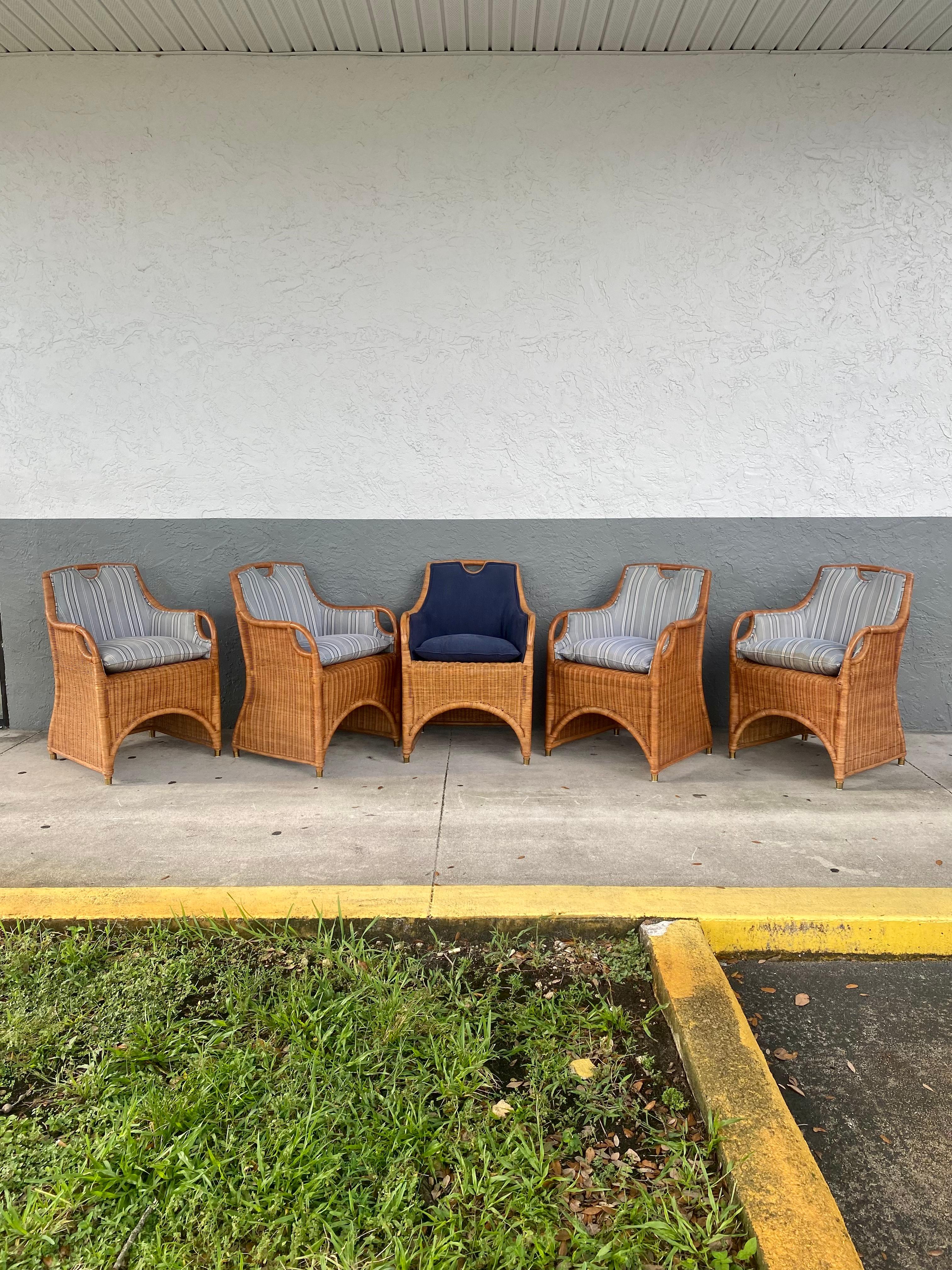 Ralph Lauren Henredon Rattan Denim Dining Sculptural Dining Chairs, Set of 5 In Good Condition In Fort Lauderdale, FL