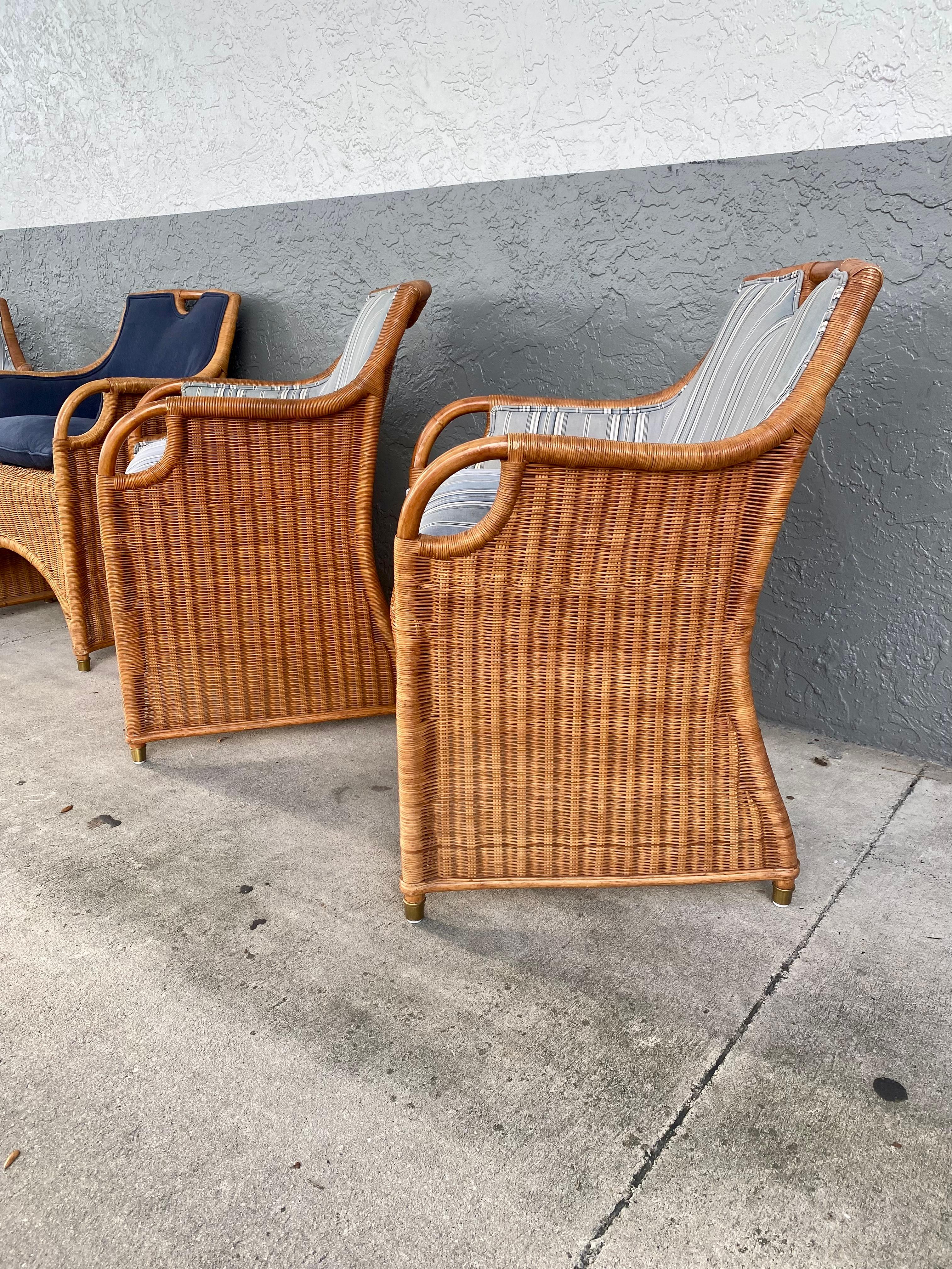 Brass Ralph Lauren Henredon Rattan Denim Dining Sculptural Dining Chairs, Set of 5