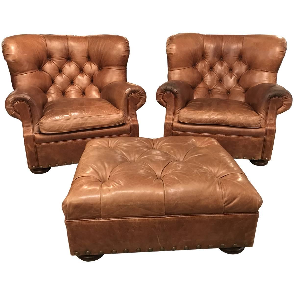 Ralph Lauren Home Pair of Leather Writer's Chairs and Ottoman