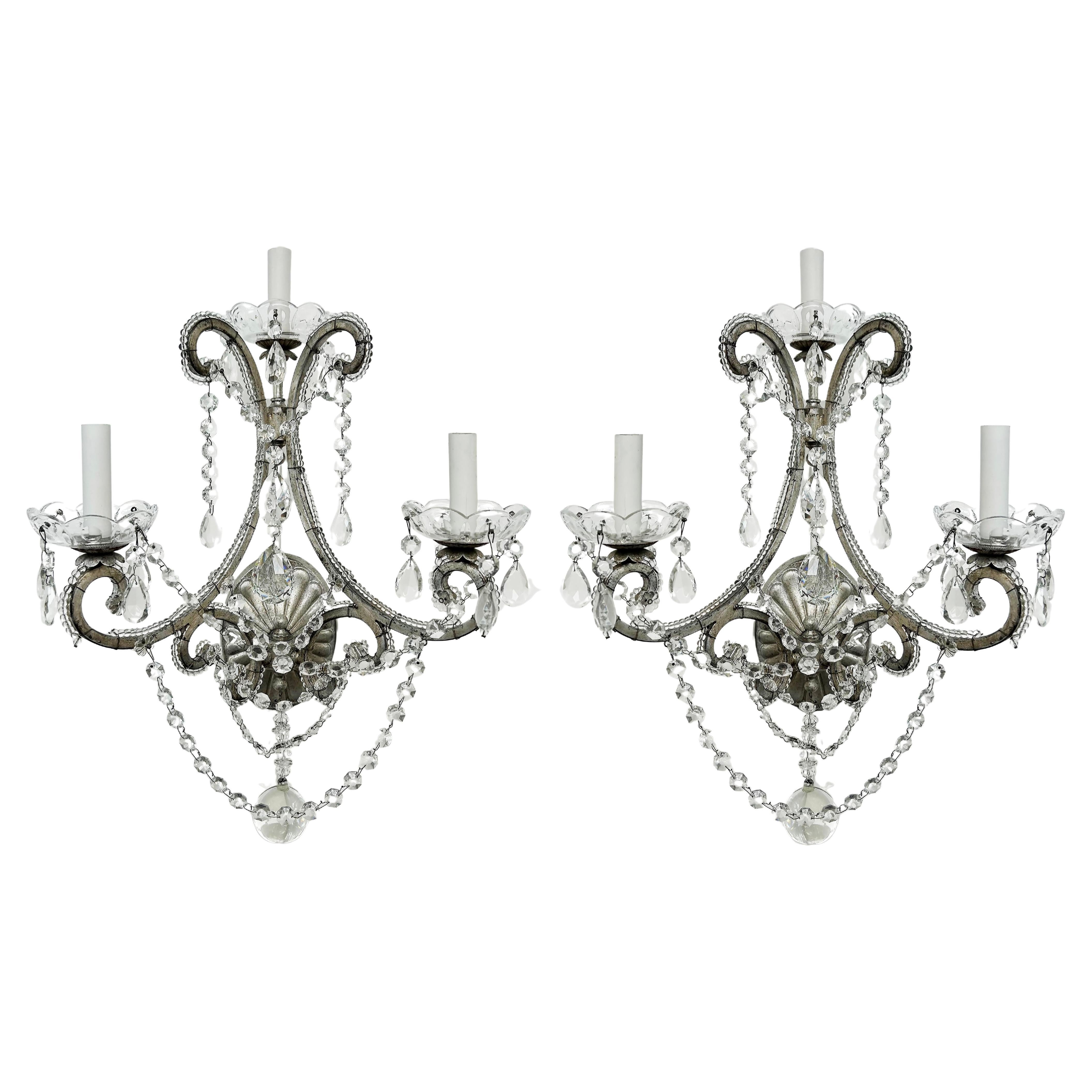 Ralph Lauren Home Silvered Crystal Sconces with Glass Beading, 2 Pairs Available