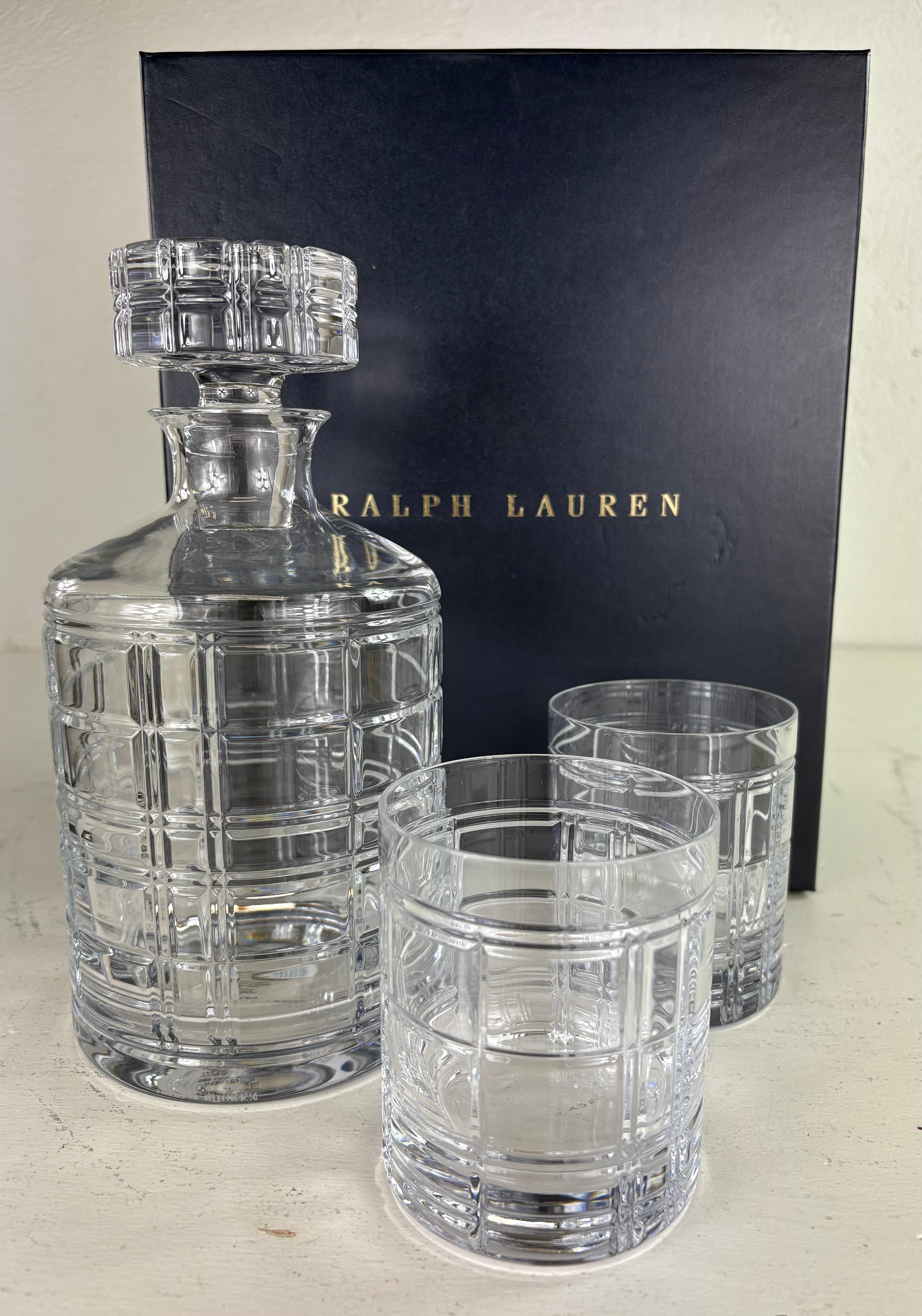 Ralph Lauren Hudson plaid cut Crystal decanter gift box. For Sale 7