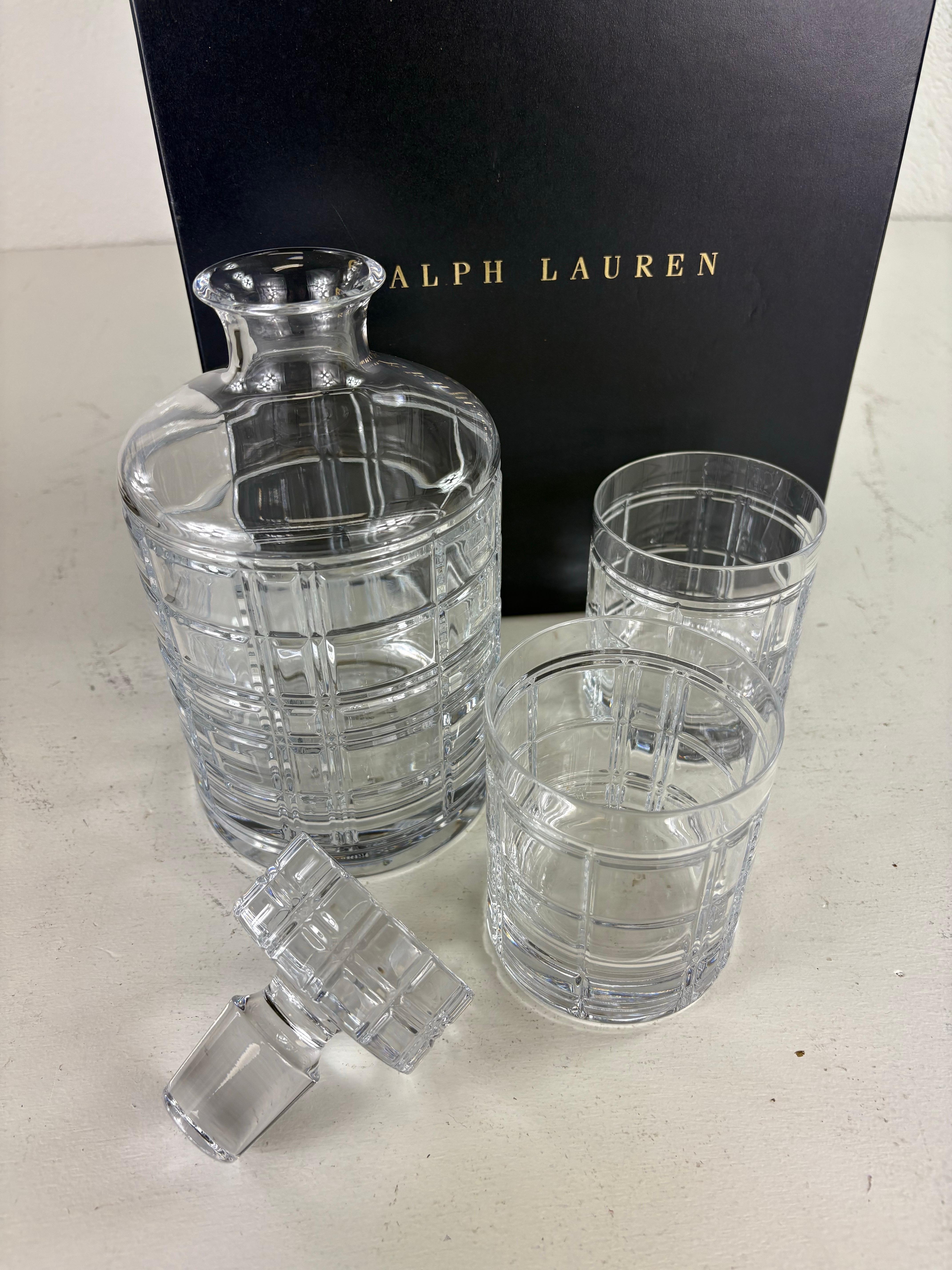 Ralph Lauren Hudson plaid cut Crystal decanter gift box. For Sale 1