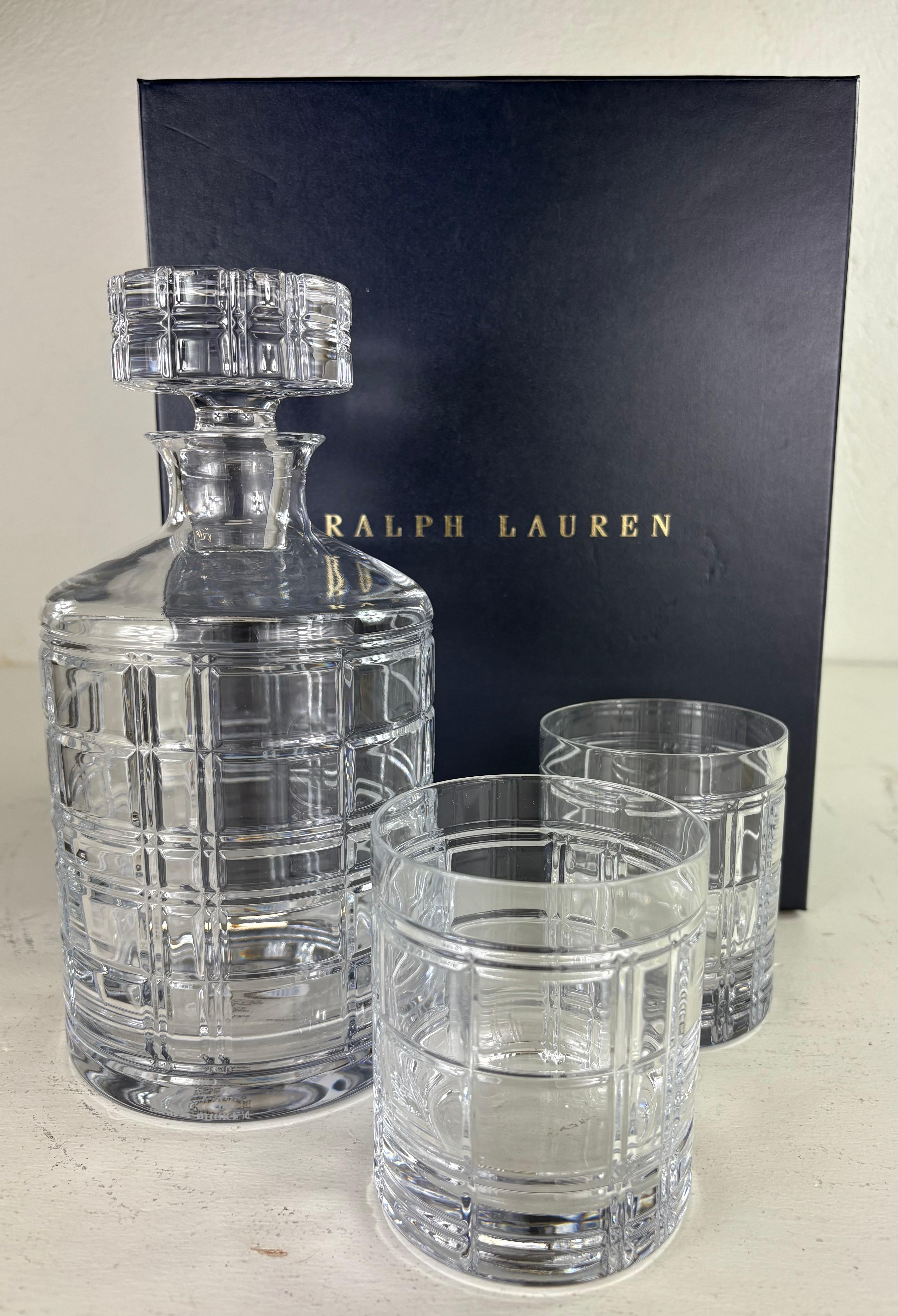 Ralph Lauren Hudson plaid cut Crystal decanter gift box. For Sale 2