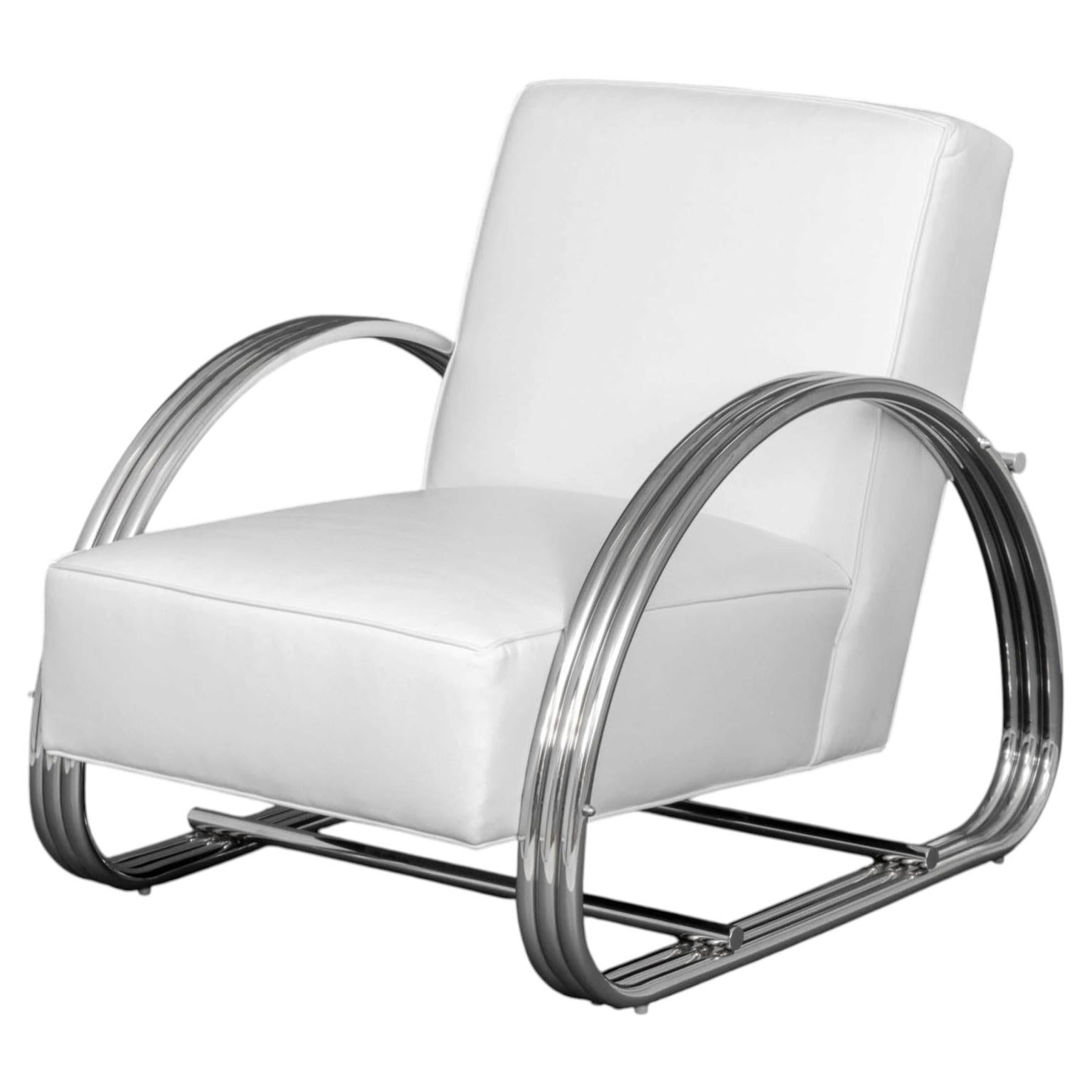 Ralph Lauren Hudson Street Lounge Chair in White Leather & Steel Frame