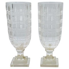 Ralph Lauren Iconic  'Plaid' Crystal Hurricane Candle Holders, Discontinued