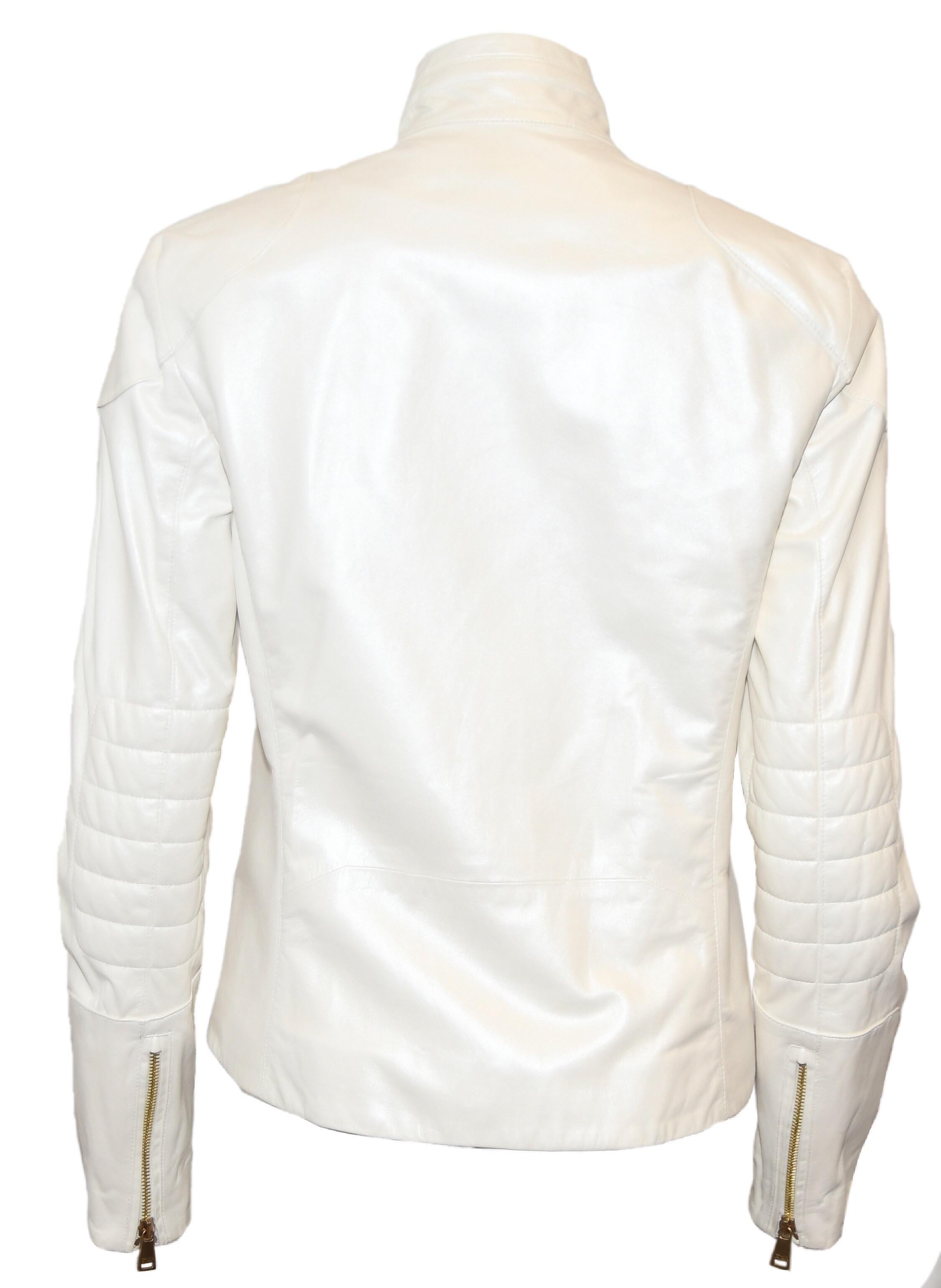 White Ralph Lauren Ivory Iridescent Leather Biker Style Jacket 