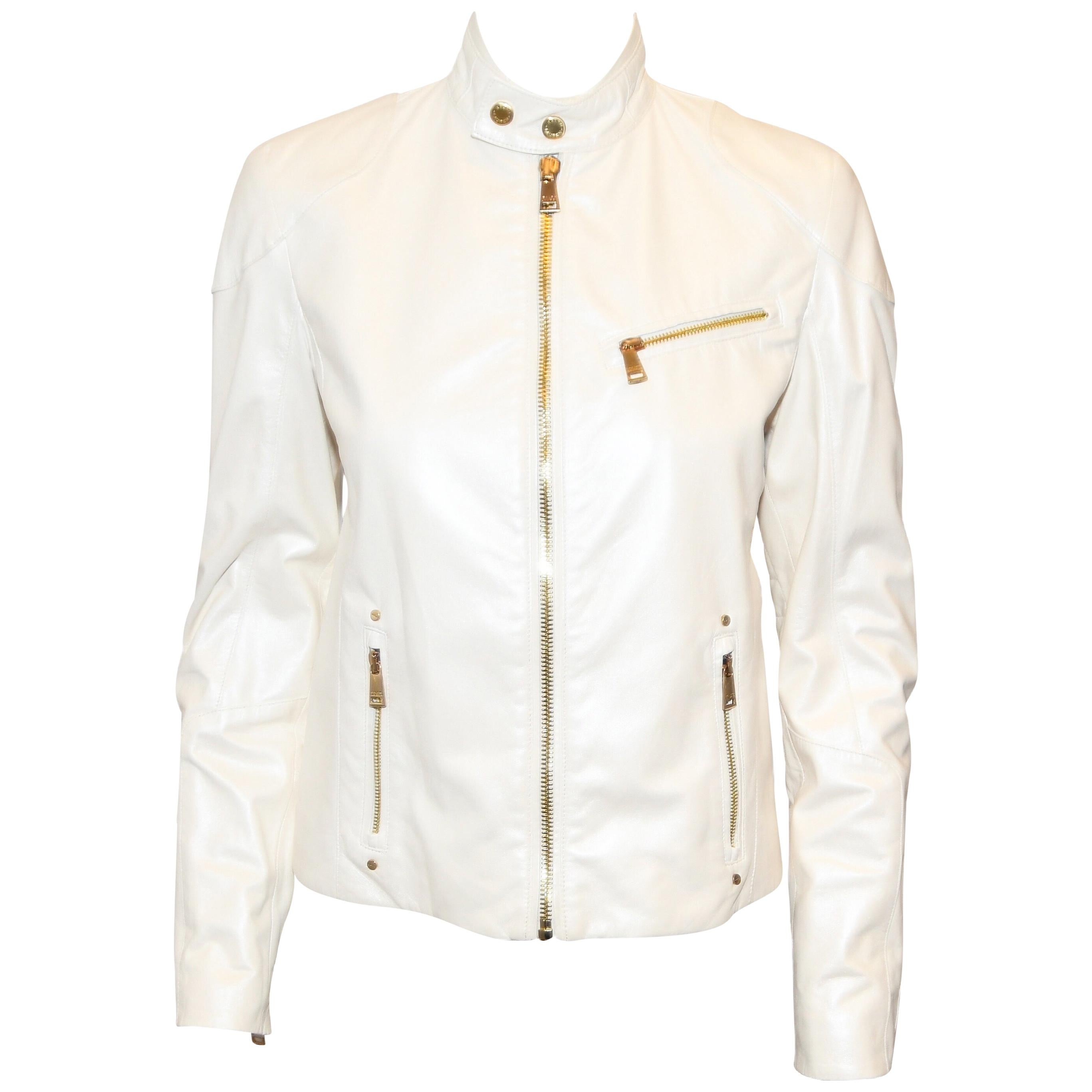Ralph Lauren Ivory Iridescent Leather Biker Style Jacket
