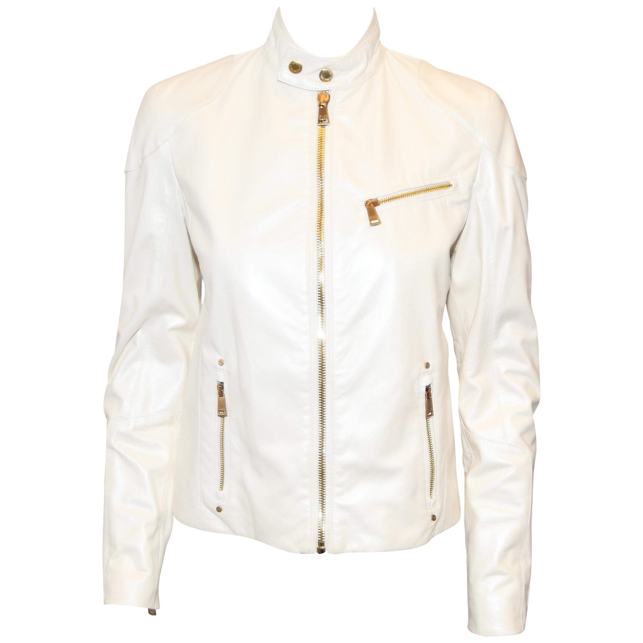 Ralph Lauren Ivory Iridescent Leather Biker Style Jacket 