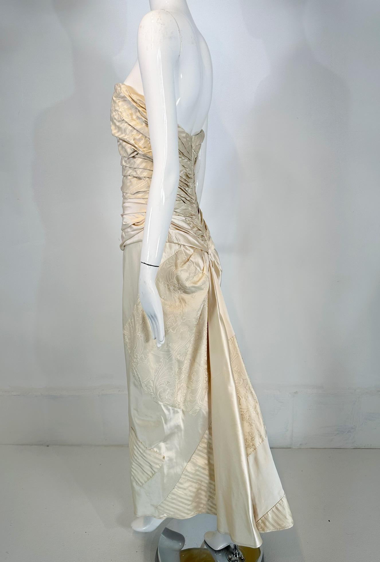 Ralph Lauren Ivory Silk Ruched Strapless Fish Tail Gown With Mix Woven Squares 5