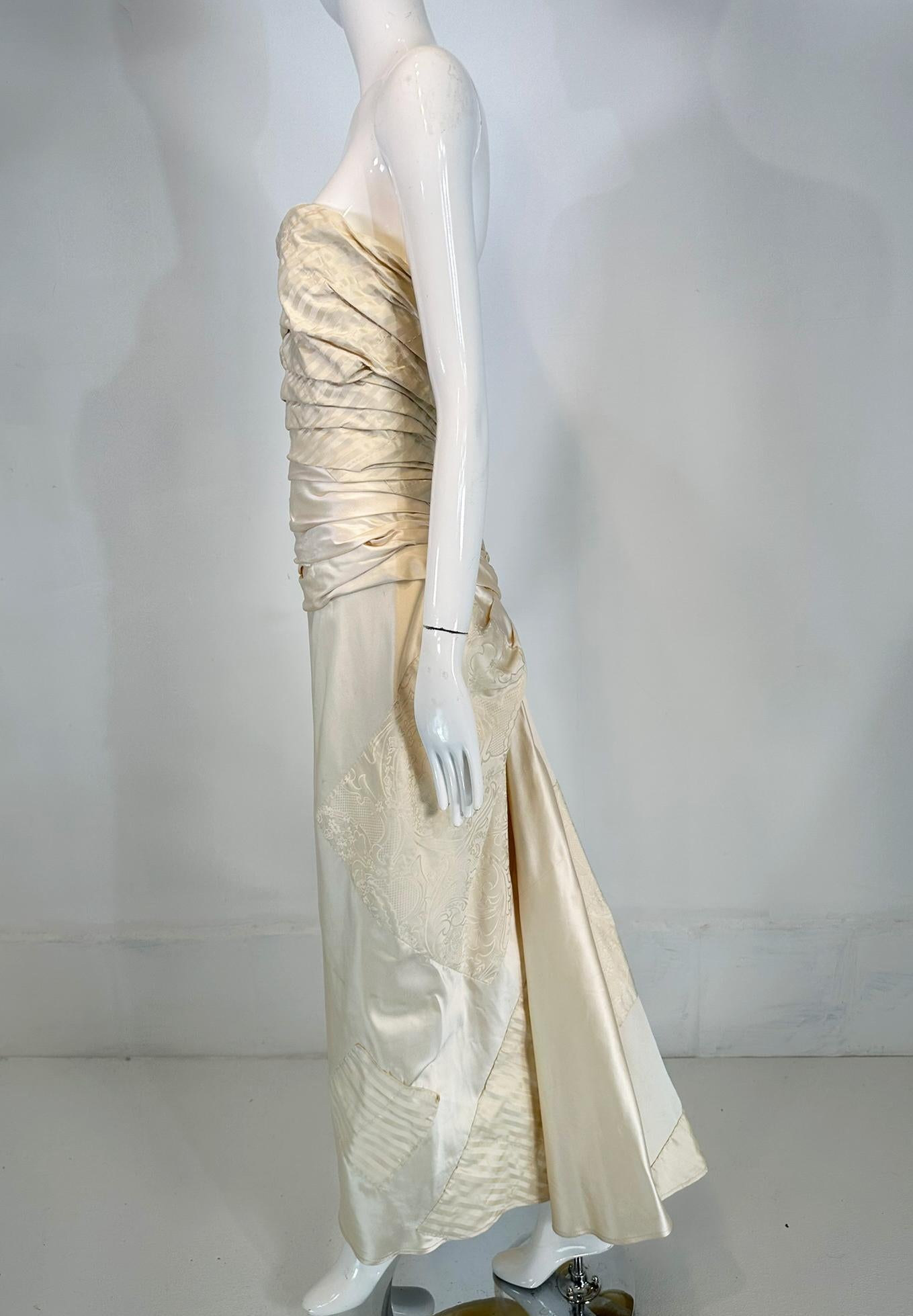 Ralph Lauren Ivory Silk Ruched Strapless Fish Tail Gown With Mix Woven Squares 6