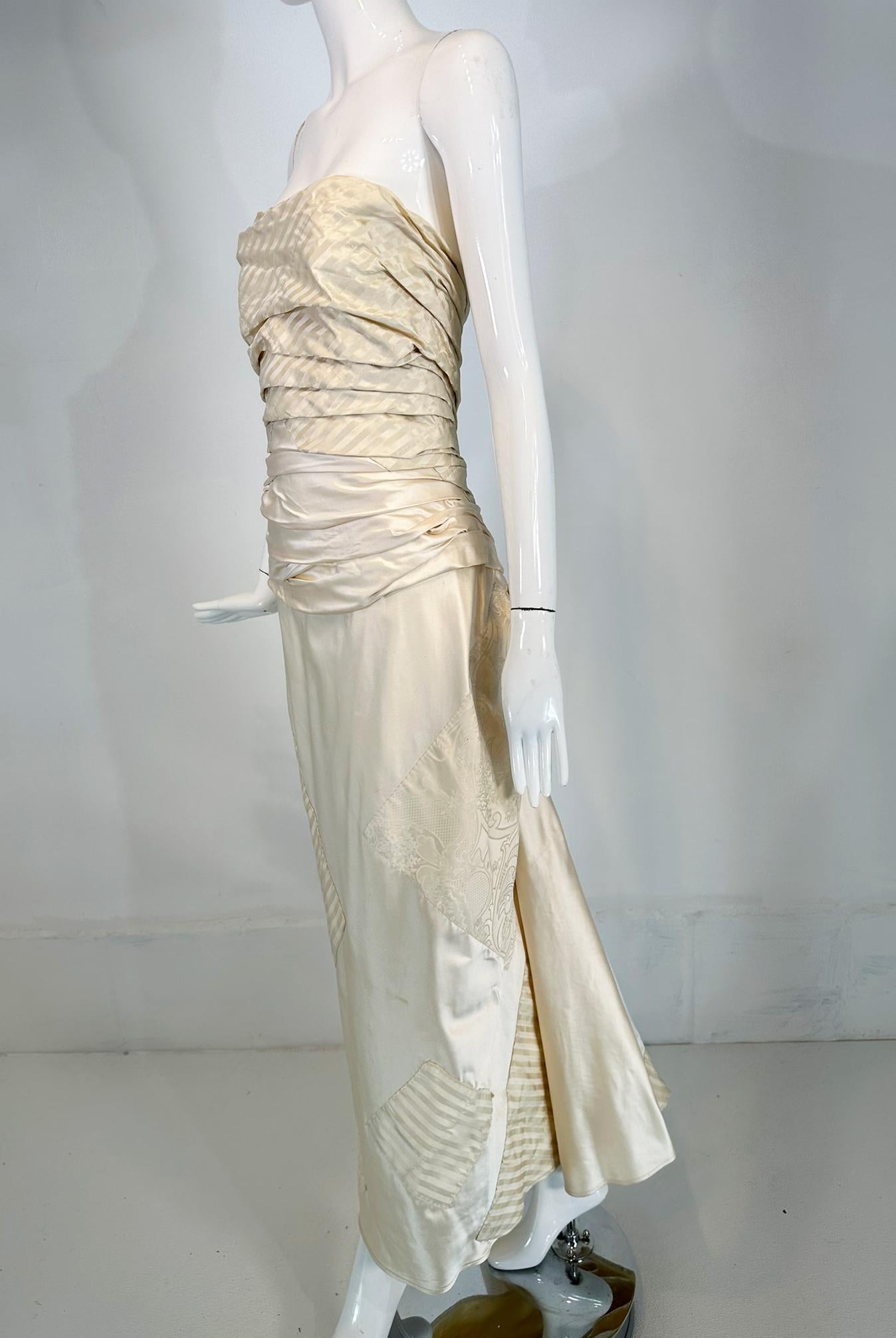 Ralph Lauren Ivory Silk Ruched Strapless Fish Tail Gown With Mix Woven Squares 7