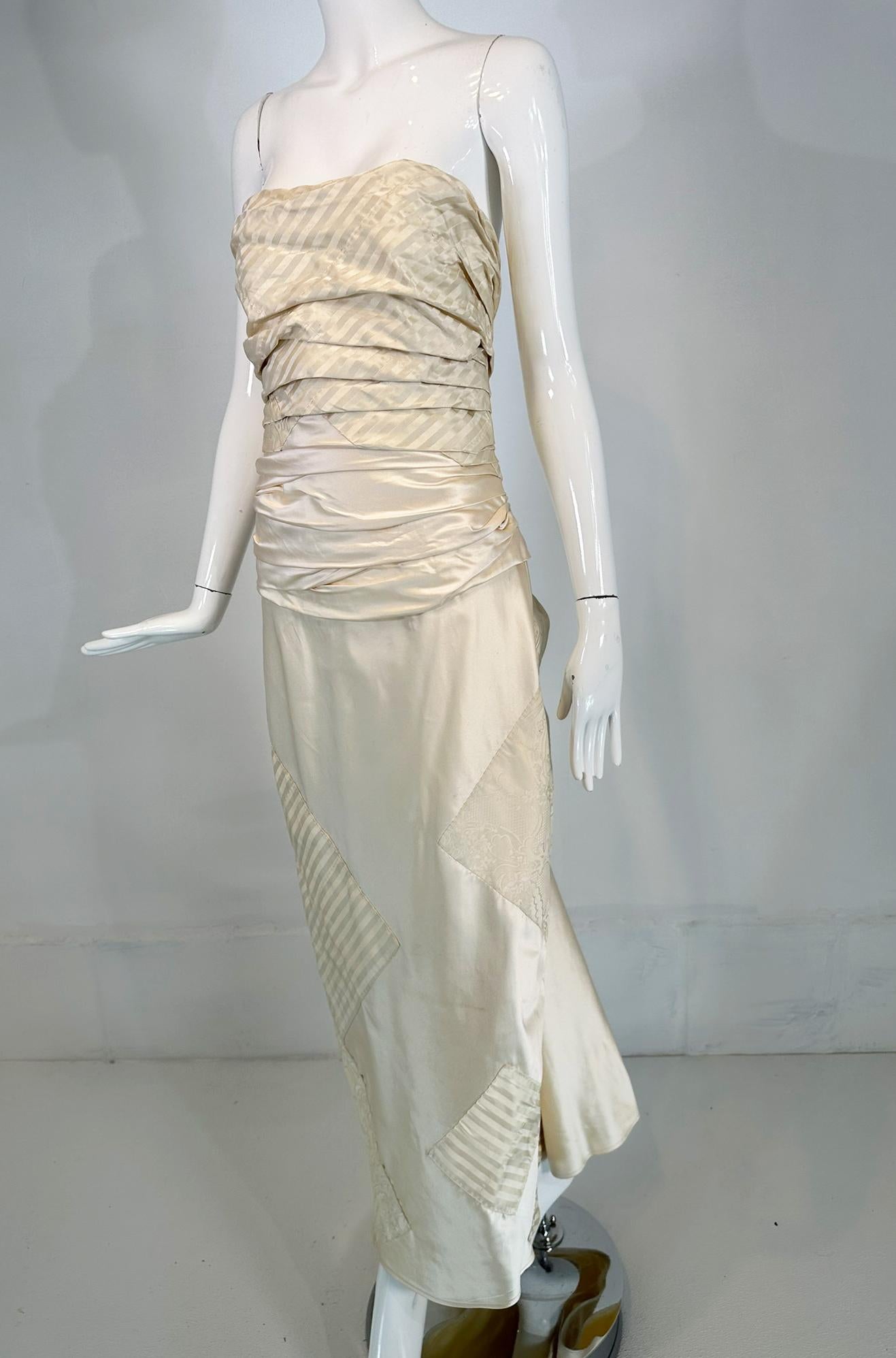 Ralph Lauren Ivory Silk Ruched Strapless Fish Tail Gown With Mix Woven Squares 8