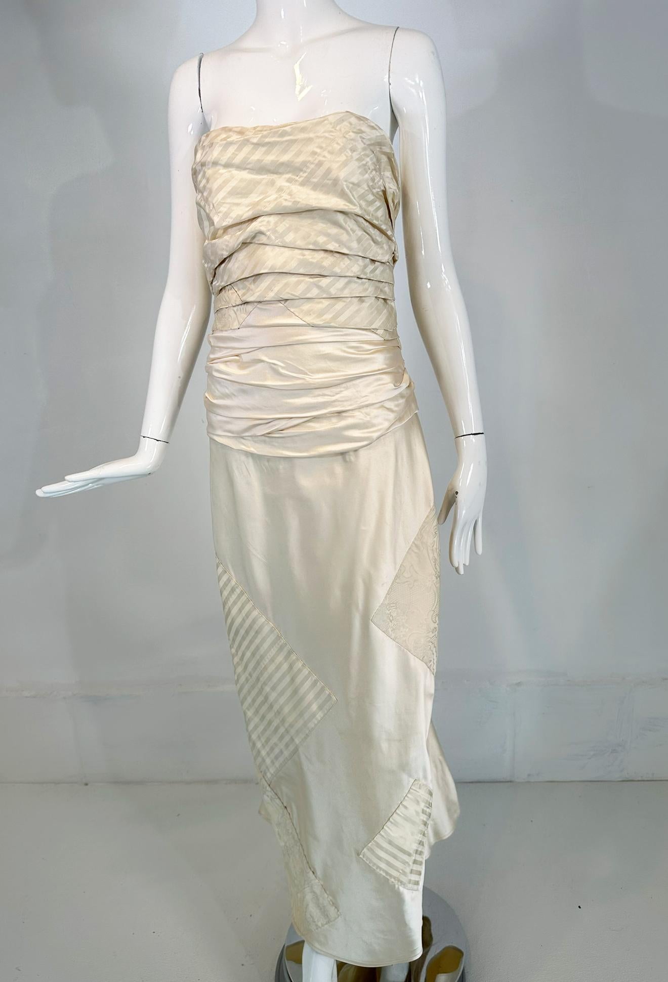 Ralph Lauren Ivory Silk Ruched Strapless Fish Tail Gown With Mix Woven Squares 9