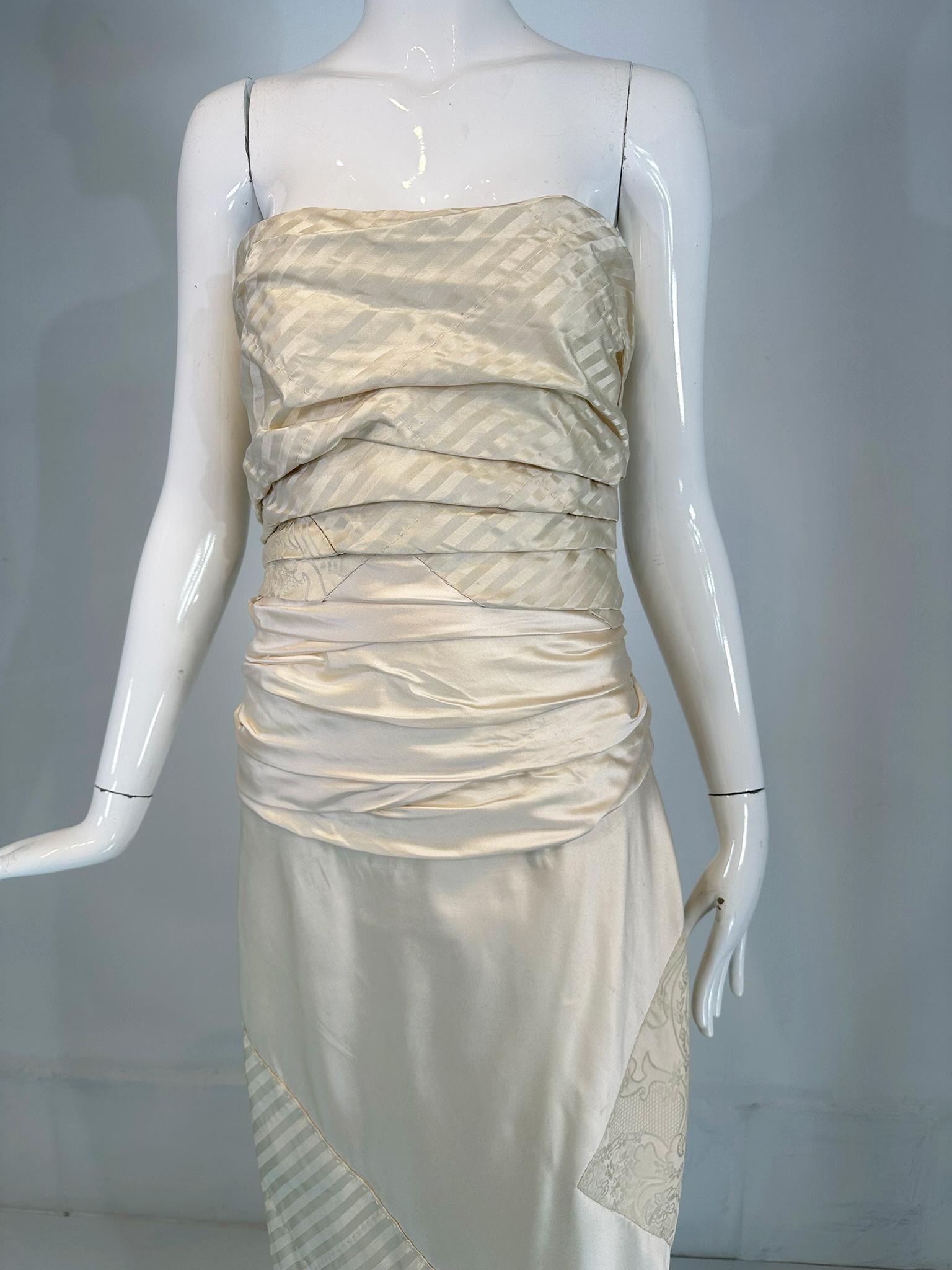 Ralph Lauren Ivory Silk Ruched Strapless Fish Tail Gown With Mix Woven Squares 10