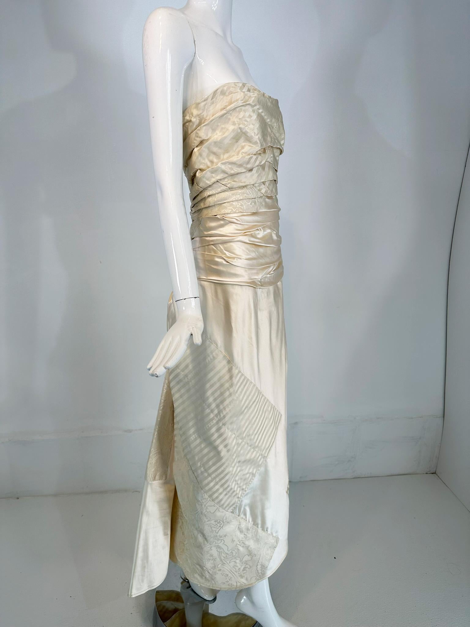 Gray Ralph Lauren Ivory Silk Ruched Strapless Fish Tail Gown With Mix Woven Squares