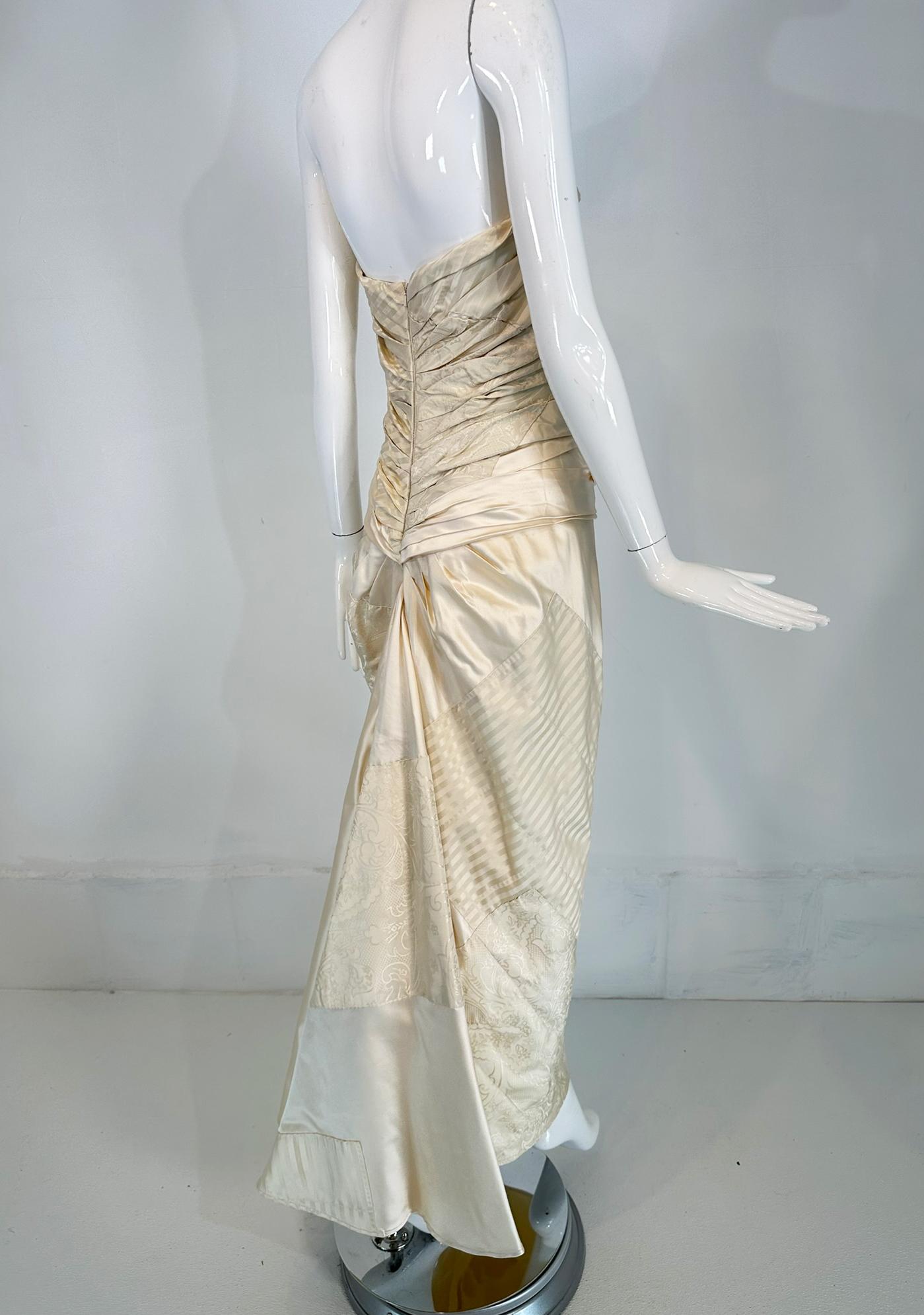 Women's Ralph Lauren Ivory Silk Ruched Strapless Fish Tail Gown With Mix Woven Squares