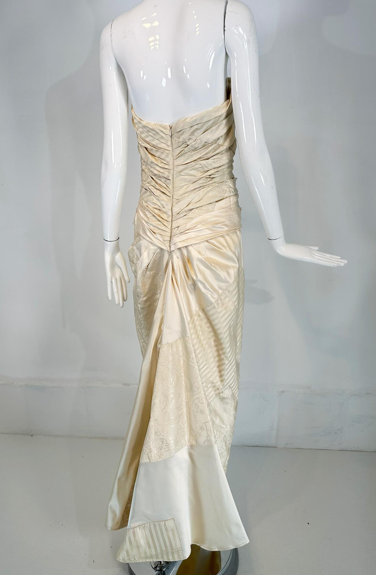 Ralph Lauren Ivory Silk Ruched Strapless Fish Tail Gown With Mix Woven Squares 1