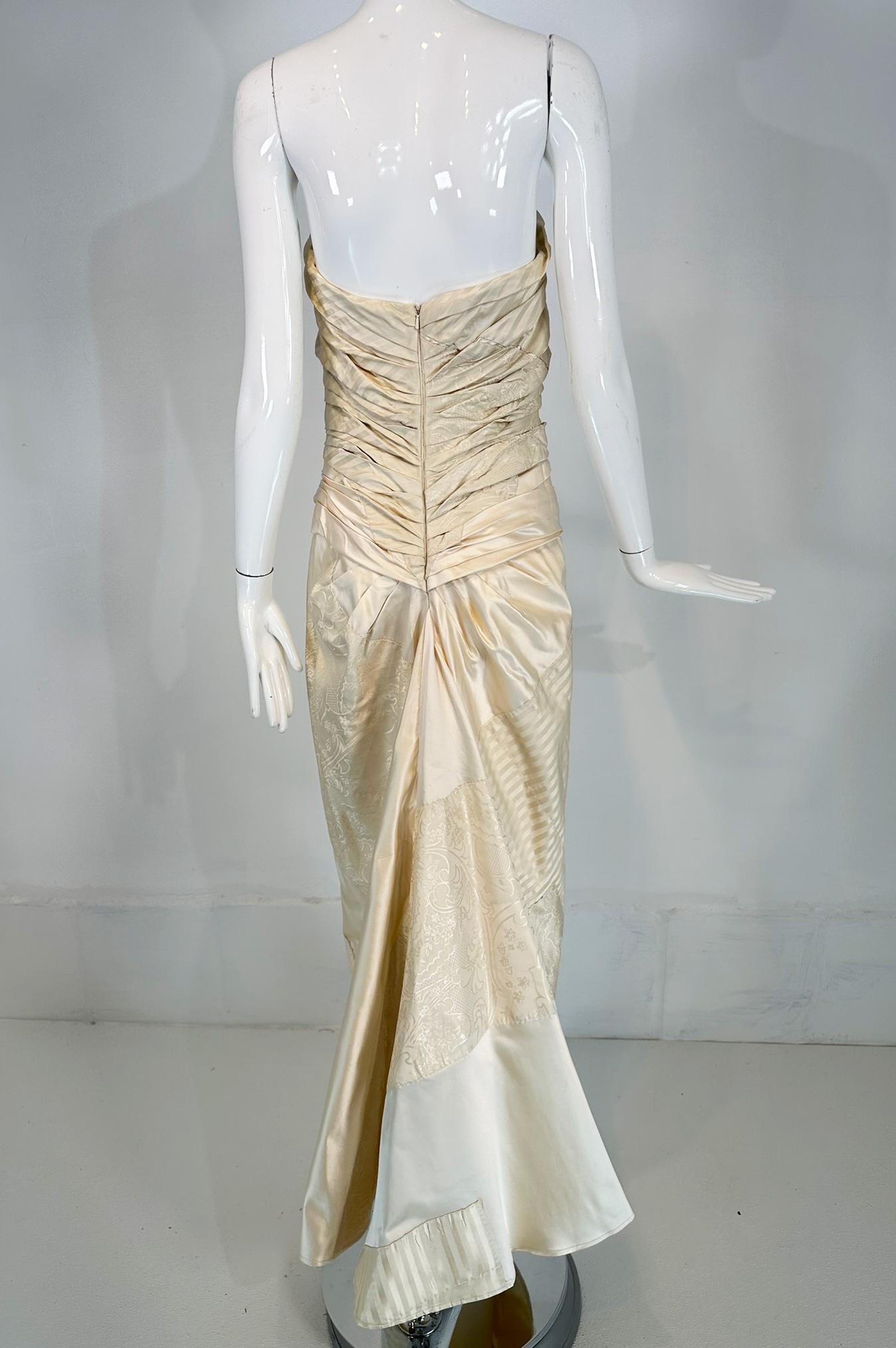 Ralph Lauren Ivory Silk Ruched Strapless Fish Tail Gown With Mix Woven Squares 2