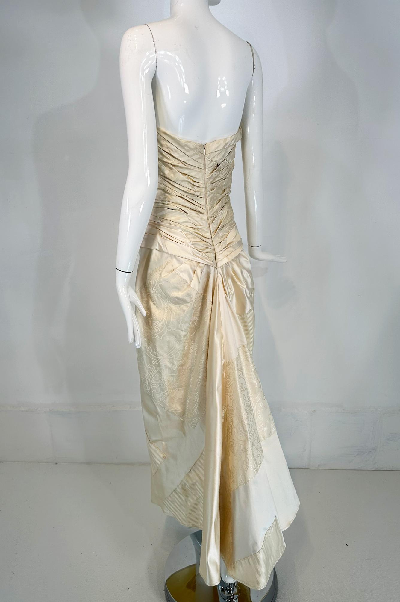 Ralph Lauren Ivory Silk Ruched Strapless Fish Tail Gown With Mix Woven Squares 3