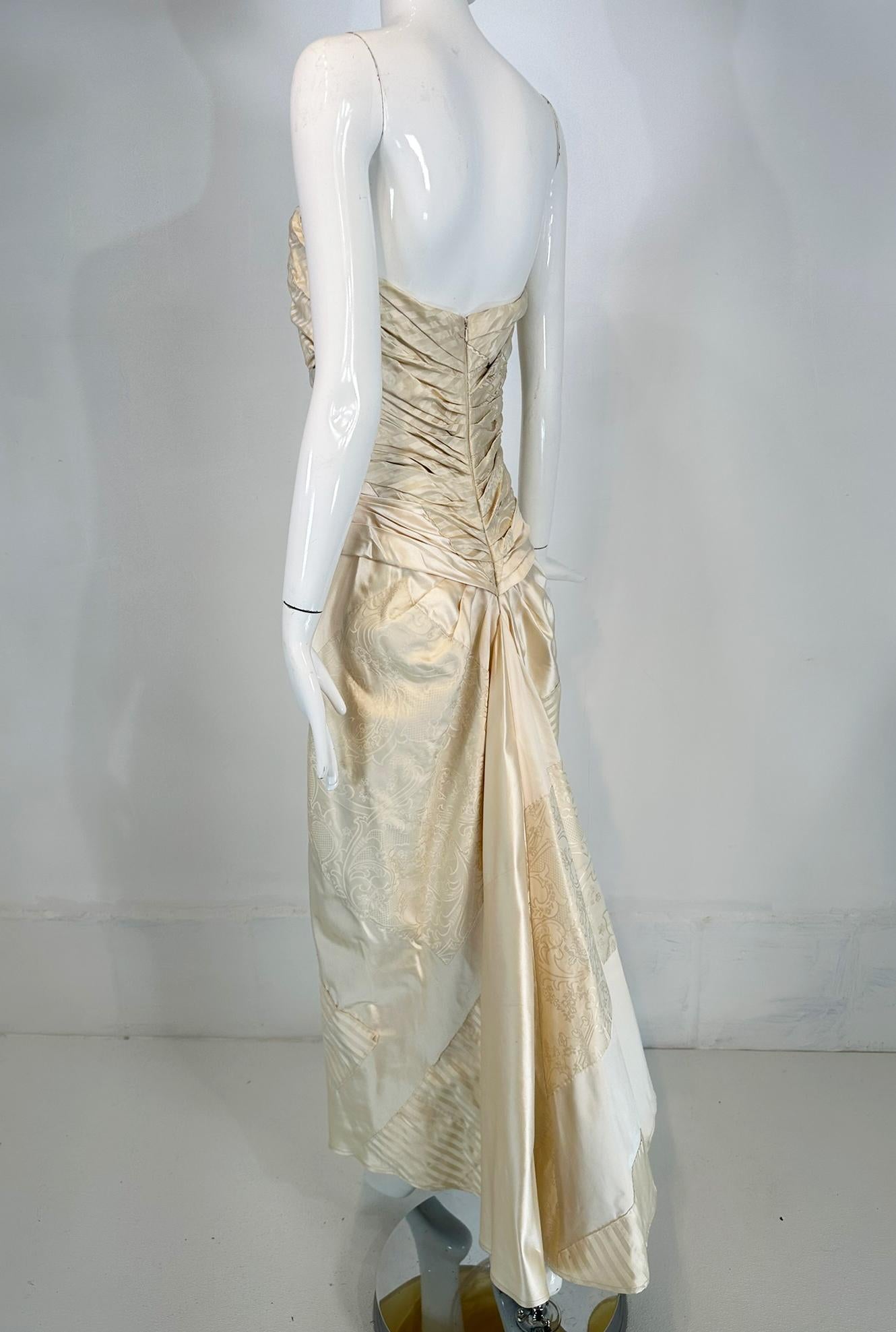 Ralph Lauren Ivory Silk Ruched Strapless Fish Tail Gown With Mix Woven Squares 4