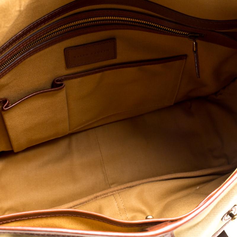 Ralph Lauren Khaki/Brown Fabric and Leather Trimmed Messenger Bag In Good Condition In Dubai, Al Qouz 2