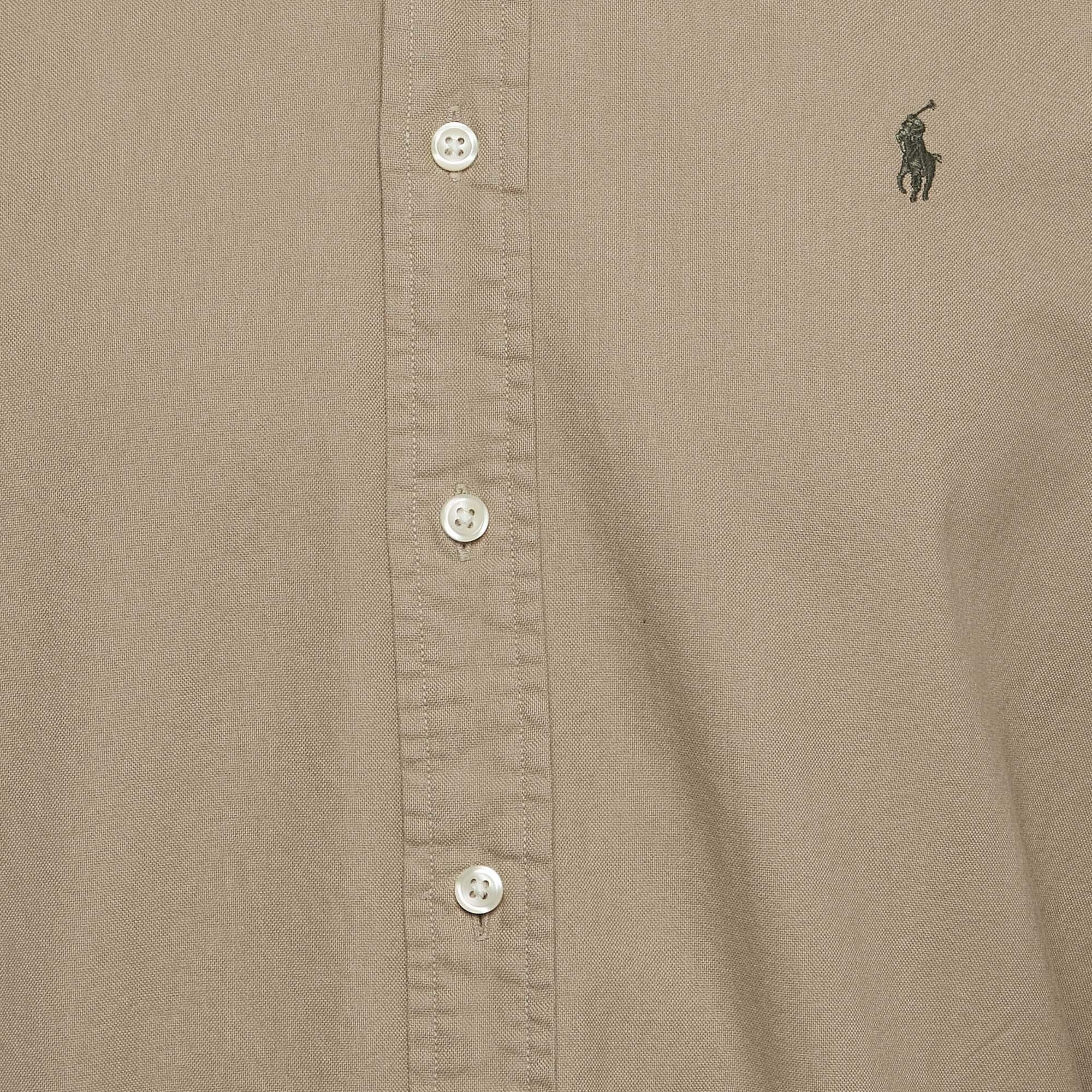 Beige Ralph Lauren Khaki Green Cotton Button Down Collar Shirt M For Sale