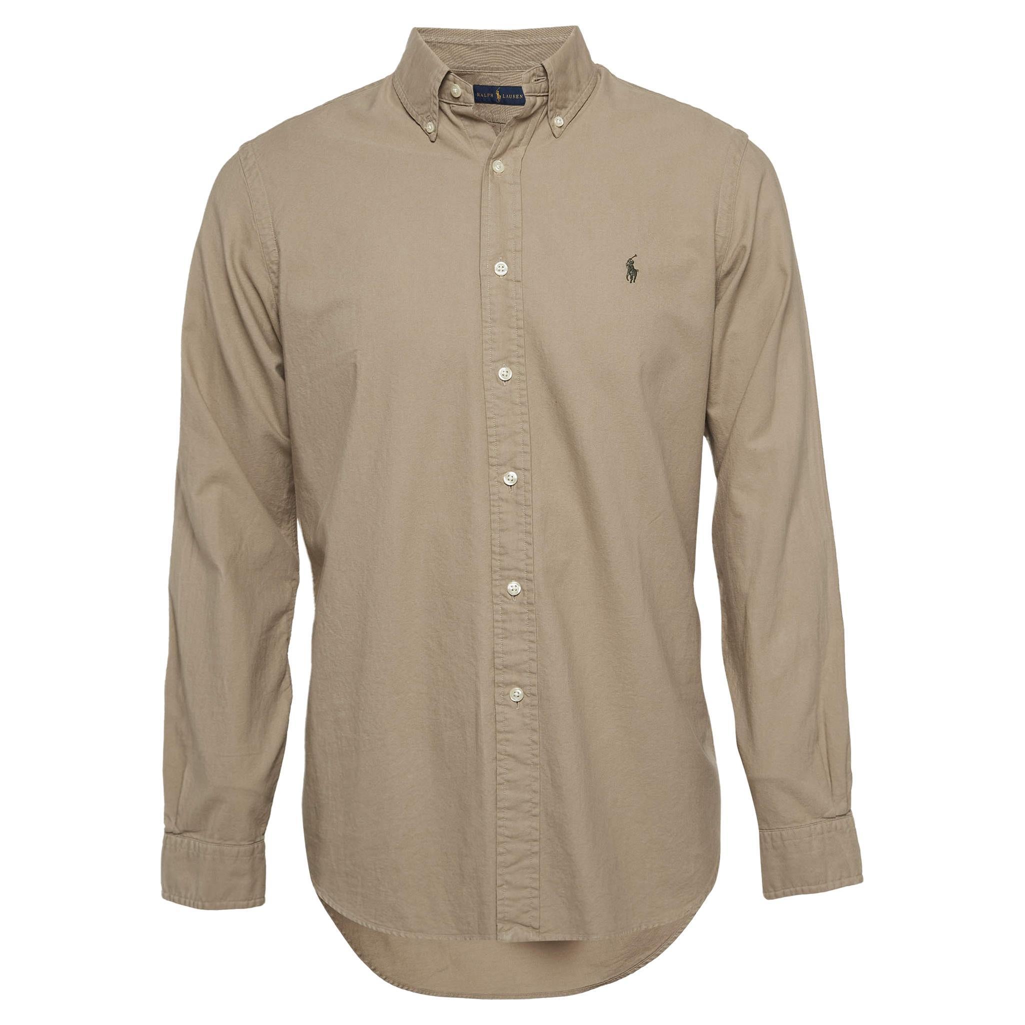 Ralph Lauren Khaki Green Cotton Button Down Collar Shirt M For Sale