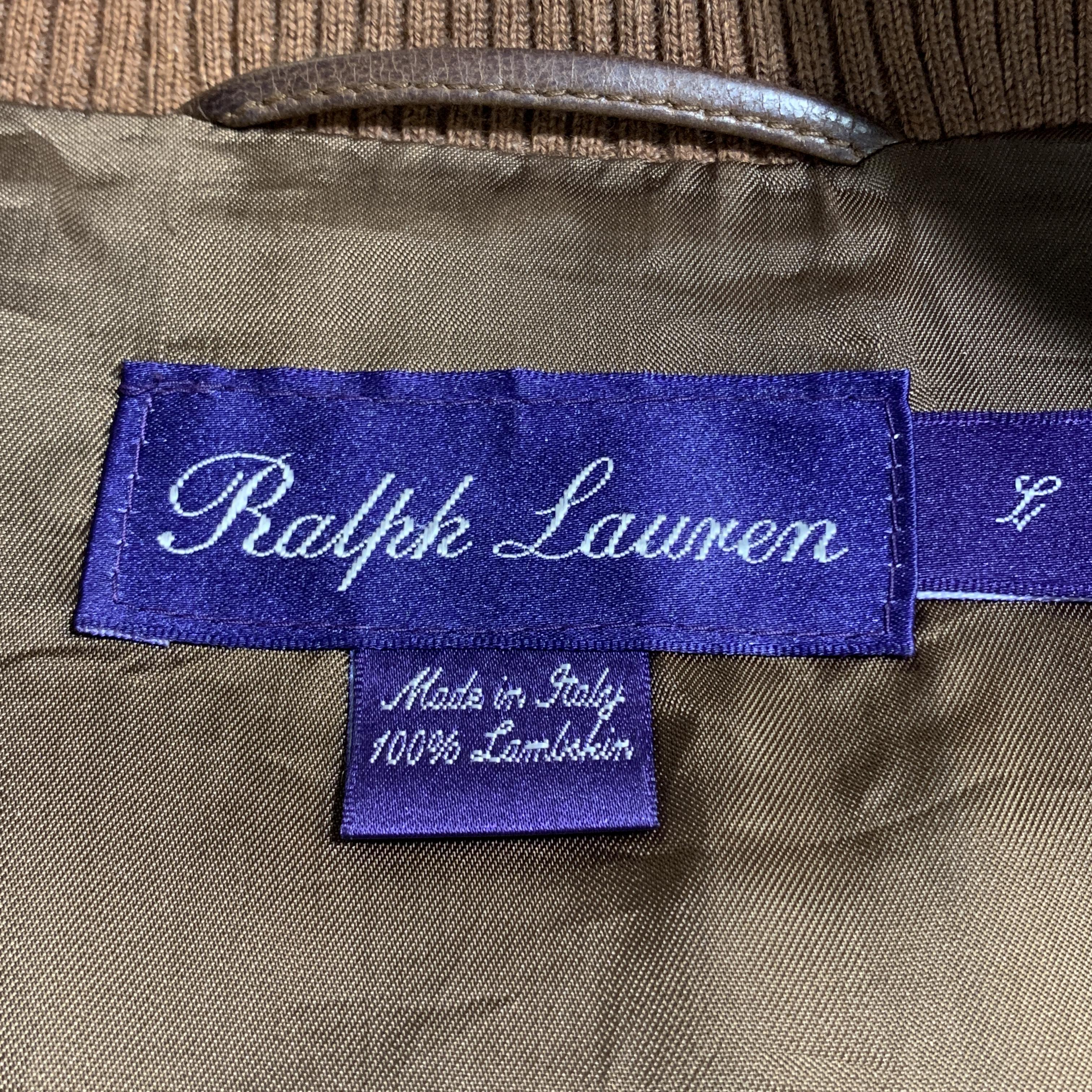 Brown RALPH LAUREN L Tan Leather Zip Up Slit Pockets Bomber Style Jacket