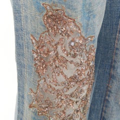 RALPH LAUREN Label gold painted sequins splash floral embellished flared jeans