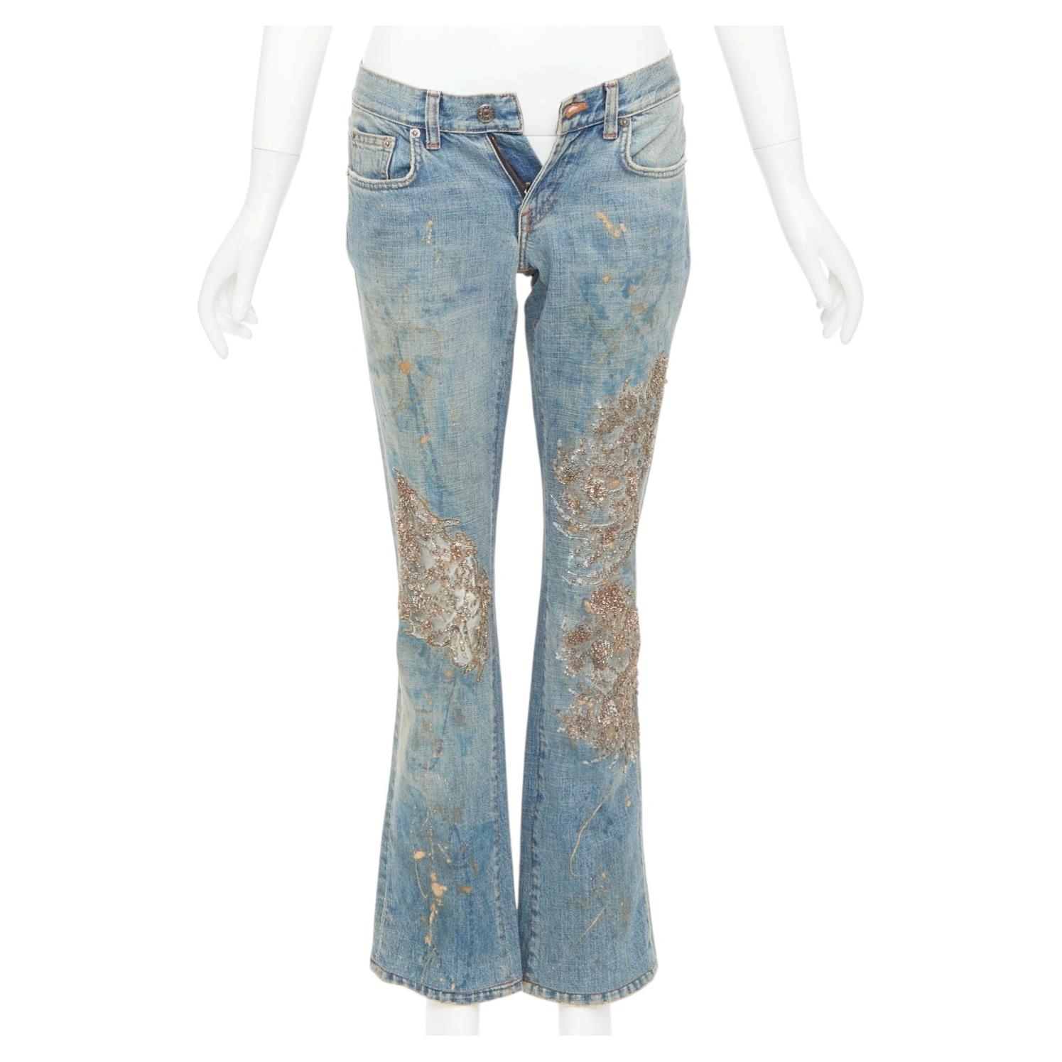 RALPH LAUREN Label gold painted sequins splash floral embellished flared jeans For Sale