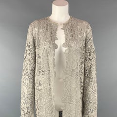 RALPH LAUREN Label Size 10 Light Gray Lace Textured Cotton Leather Trim Cardigan