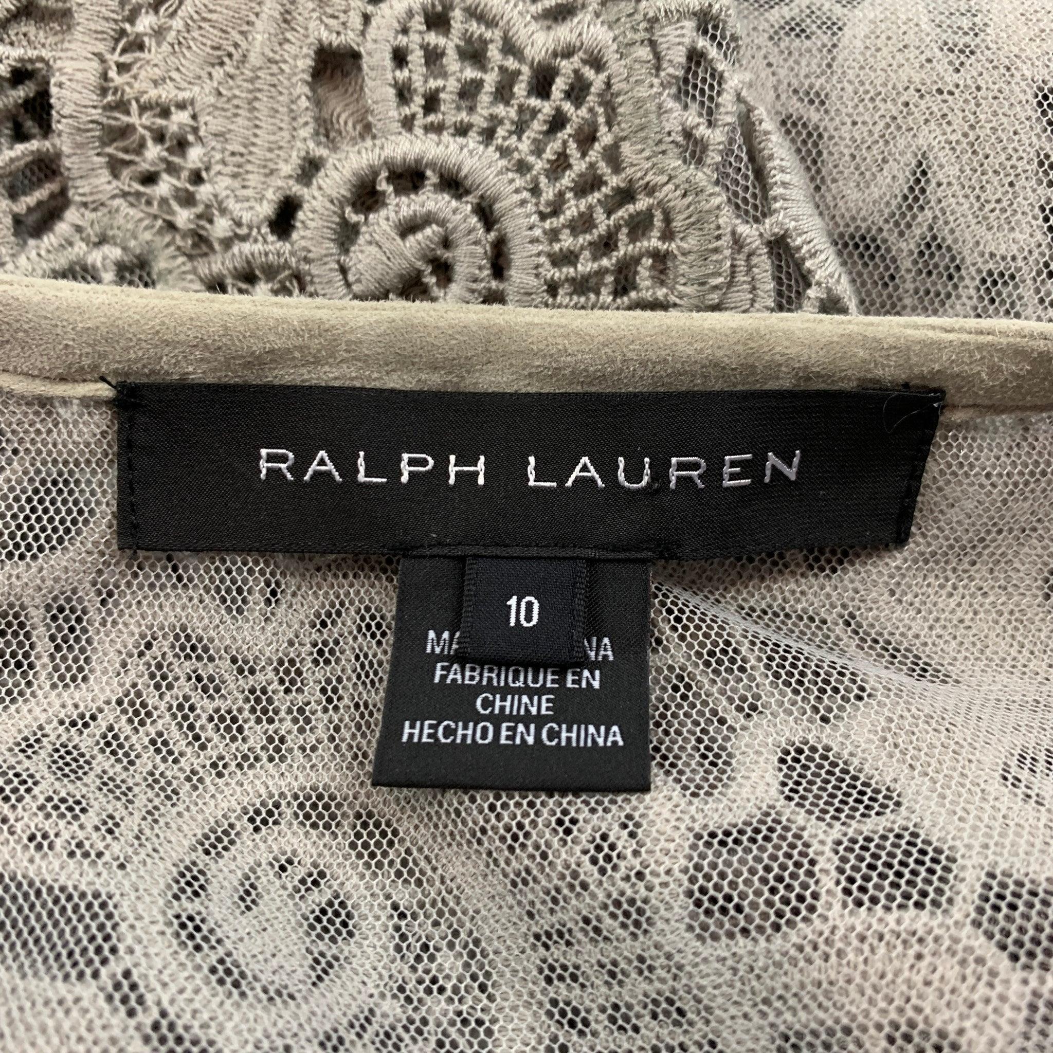 RALPH LAUREN Label Size 10 Light Gray Lace Textured Cotton Leather Trim Cardigan For Sale 2