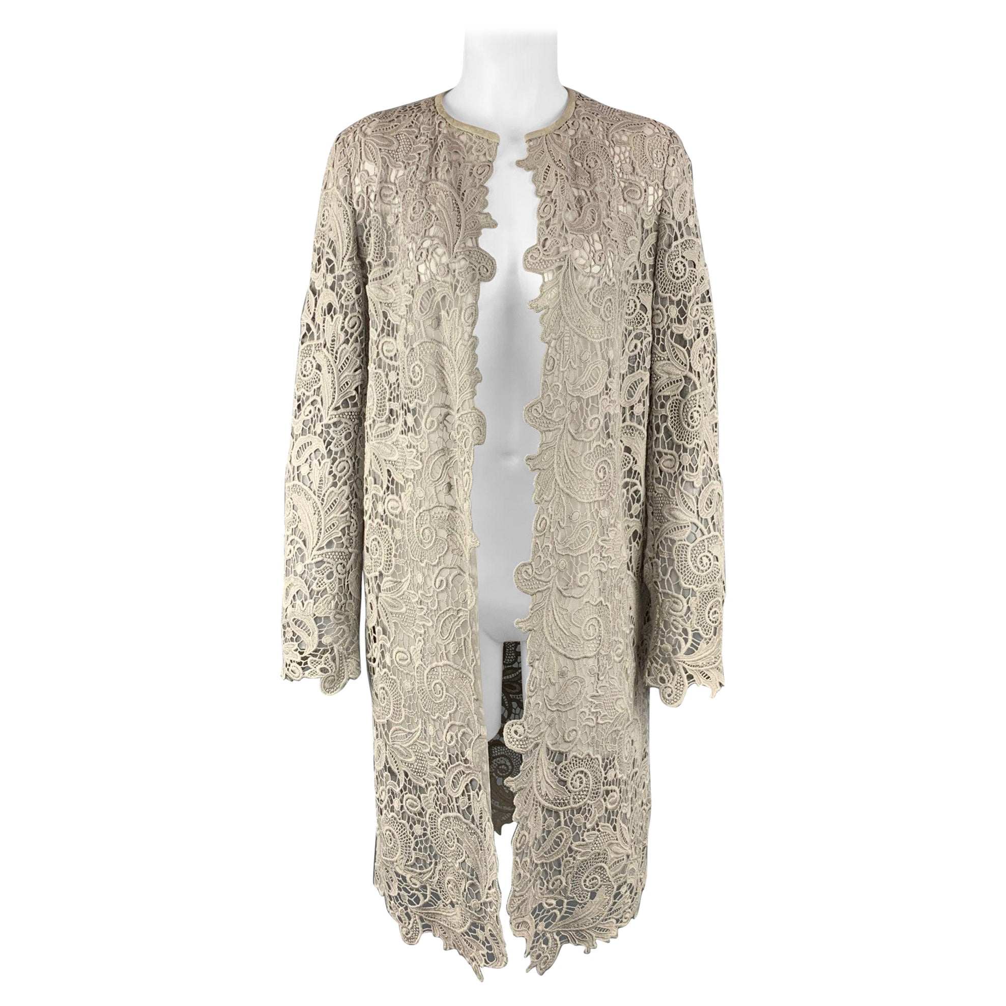 Cardigan gris clair bordé de dentelle et de cuir de coton texturé Ralph Lauren Label, taille 10