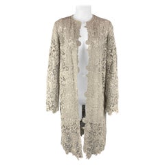 Cardigan gris clair bordé de dentelle et de cuir de coton texturé Ralph Lauren Label, taille 10