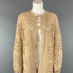 RALPH LAUREN Label Size 12 Beige Lace Textured Cotton Leather Trim Cardigan