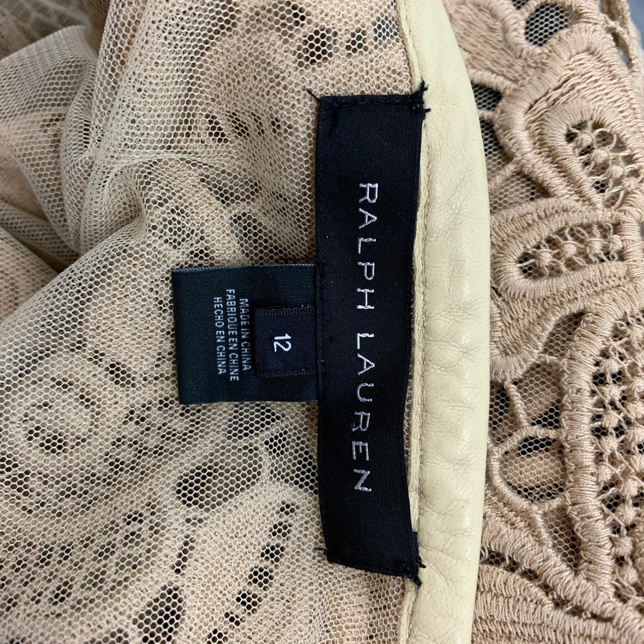 RALPH LAUREN Label Size 12 Beige Lace Textured Cotton Leather Trim Cardigan For Sale 2