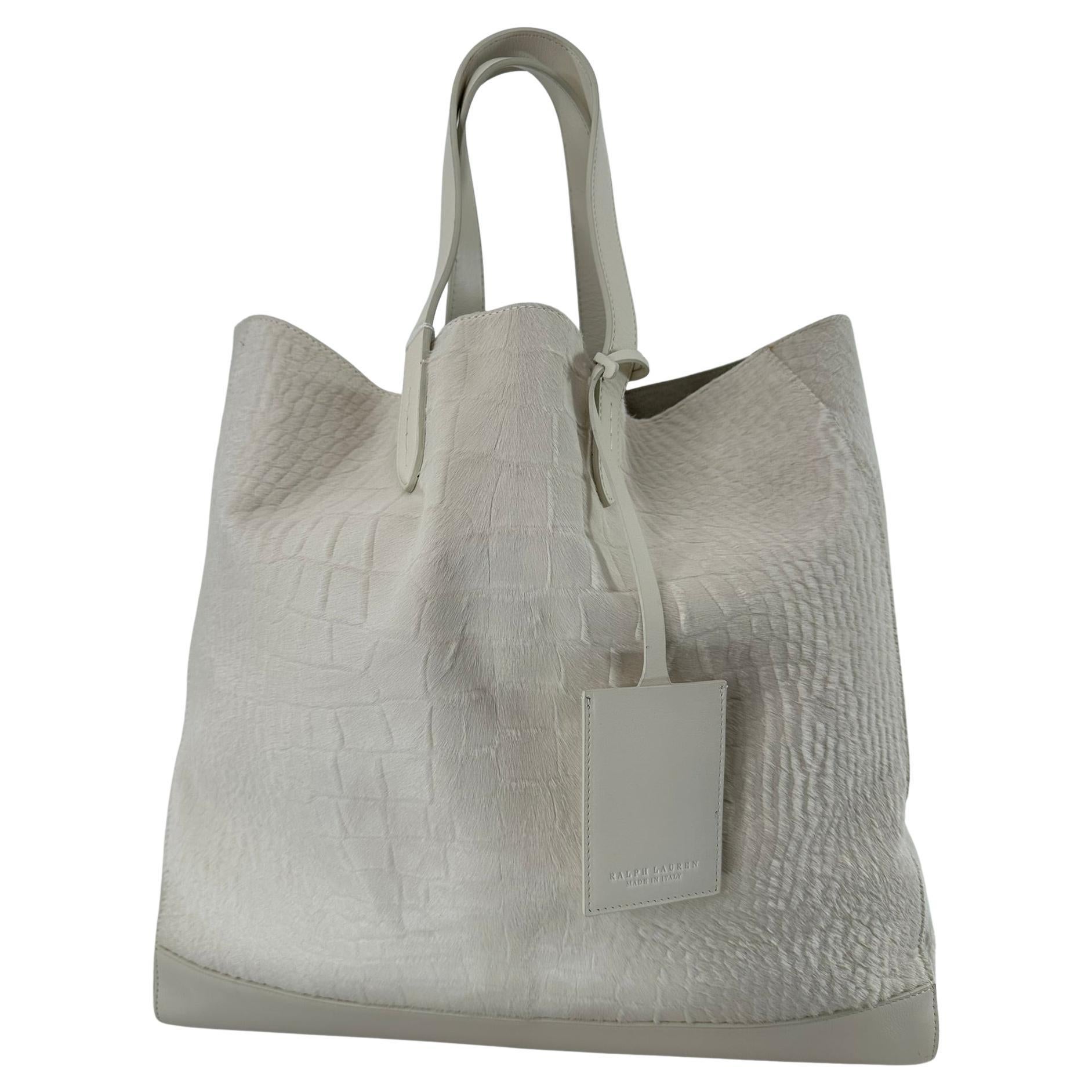 Ralph Lauren Large Off White Alligator Embossed Hair Calf Tote Bag en venta